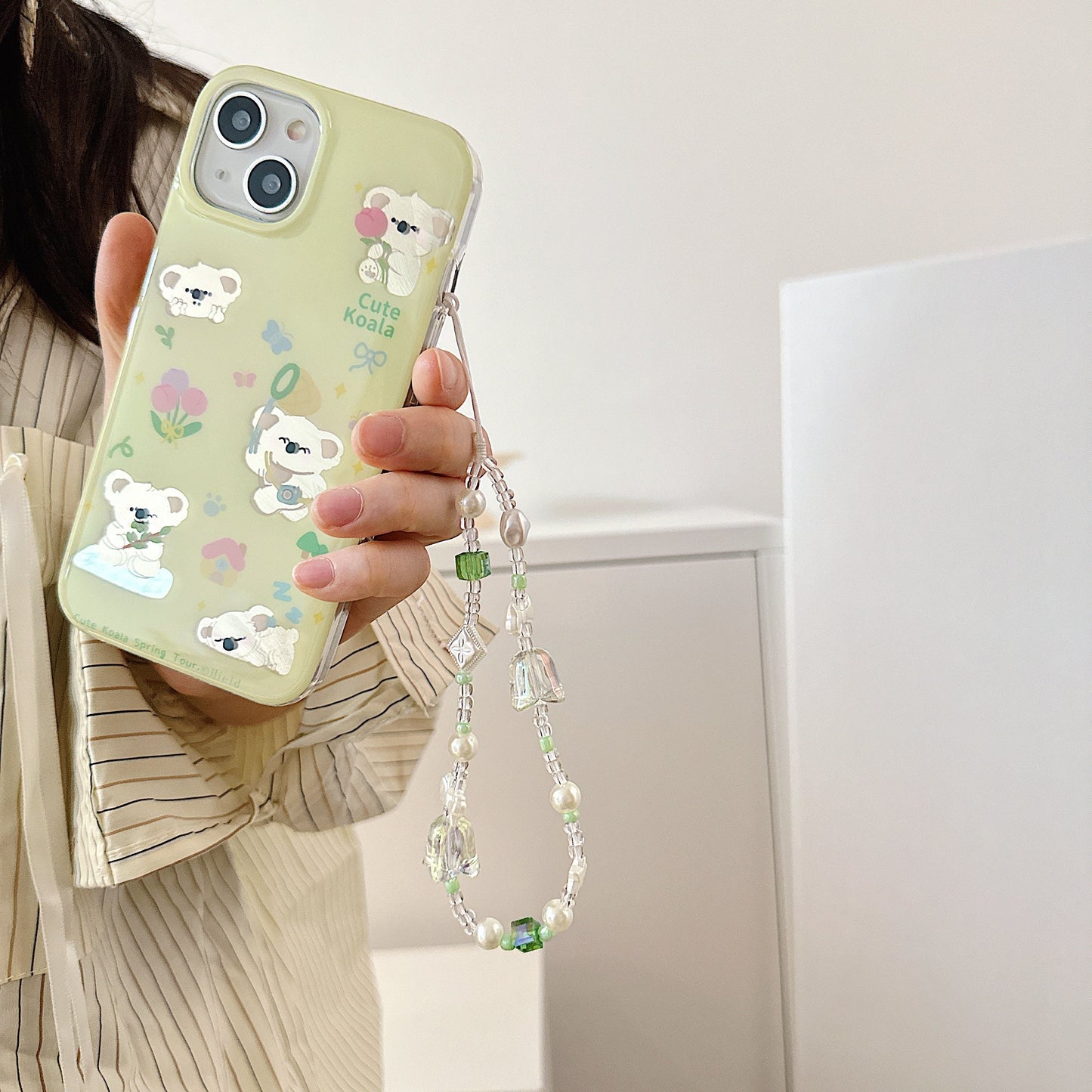 Cute Bluebell Bead Phone Charm Green Crystal Star Phone Keychain Phone Wrist Strap Y2K charm wristlet camera strap anti-theft Phone Tether