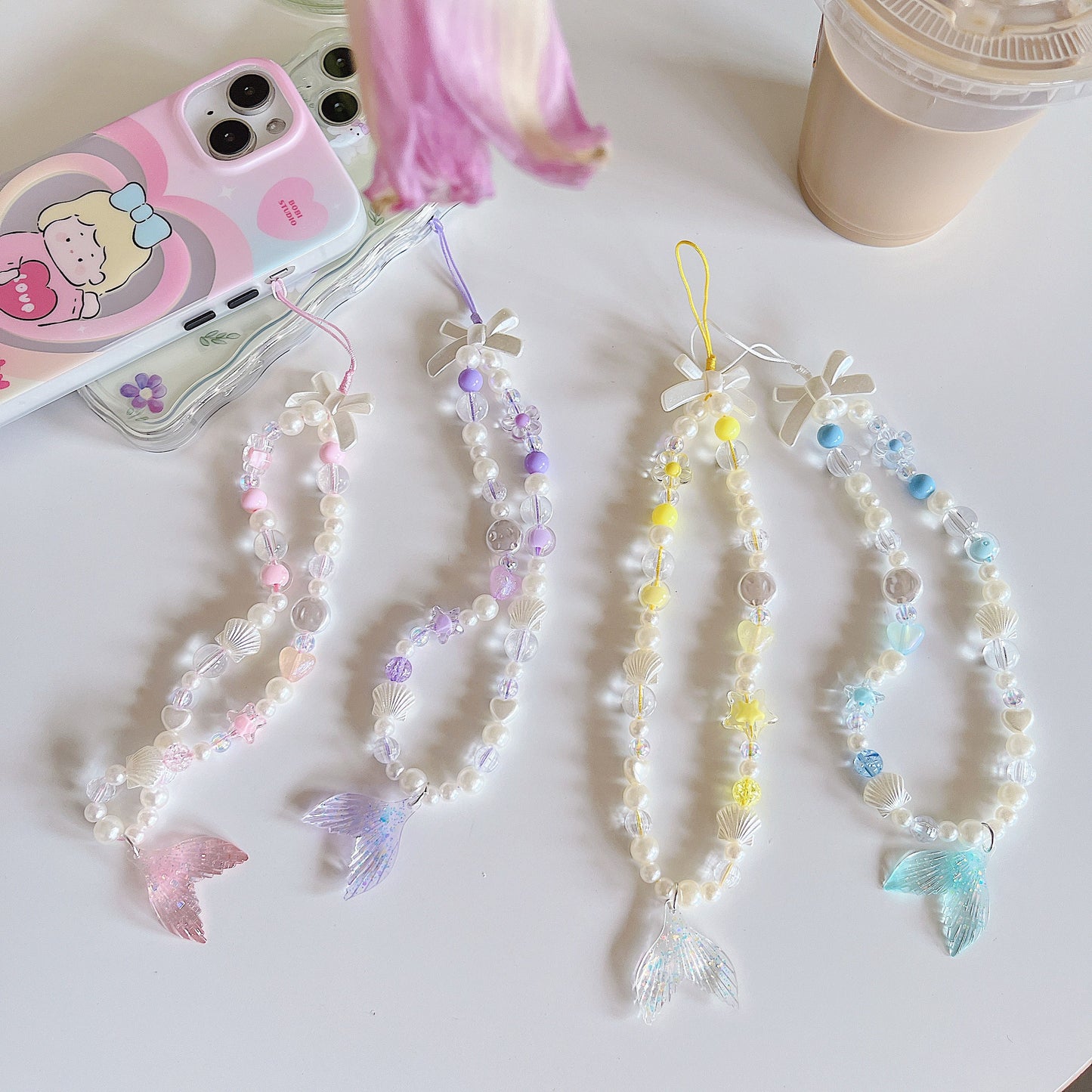 Yellow Charm Mermaid Beaded Pearl Phone Charm Heart Phone Keychain Camera String Ocean Charm Phone Wrist Strap Wristlet Y2K charm handykette