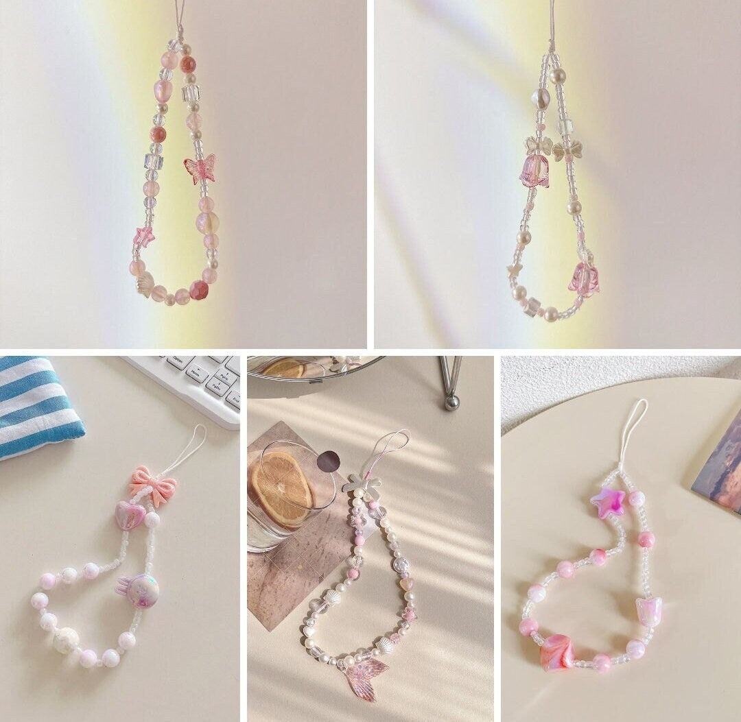 Cute Beaded Phone Charm Pink wristlet.bridesmaid gifts.Phone Keychain.Phone Wrist Strap.Camera Charm.Y2K charm.Bag Charm.Phone Tether.Gifts.