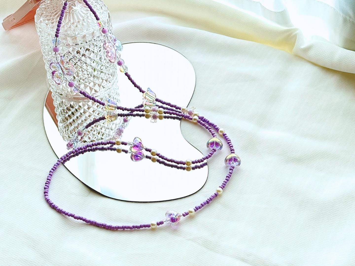 Handmade Crossbody Beaded Phone Strap.High quality iridescent phone charm purple.Bridesmaid gifts.Universal fit phone holder with FREE Tab.