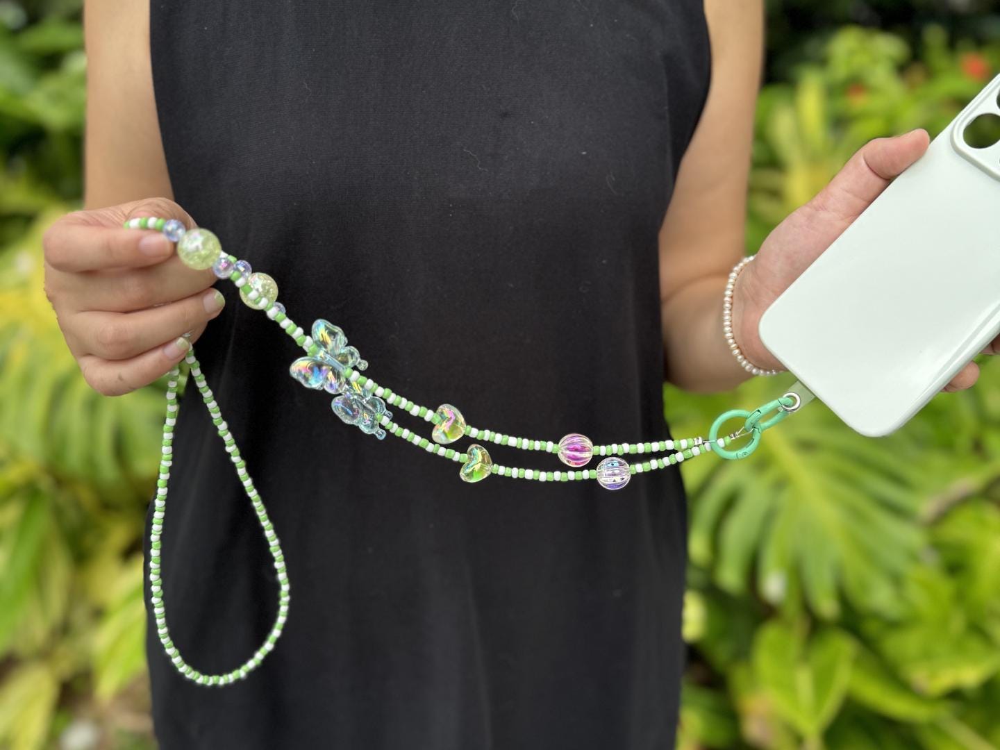 Handmade Crossbody Beaded Phone Strap | High-Quality Y2K Charm | Green & White | Bridesmaid Gifts | Party Favor