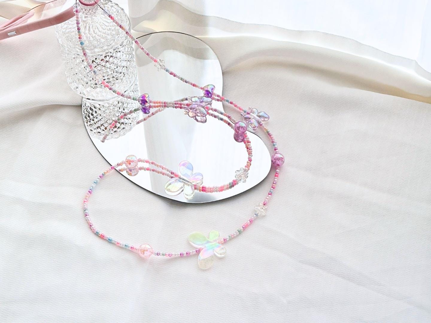 Handmade Crossbody Beaded Phone Strap Pink&Purple.High quality iridescent phone charm.Bridesmaid gifts.Universal fit cellphone holder.