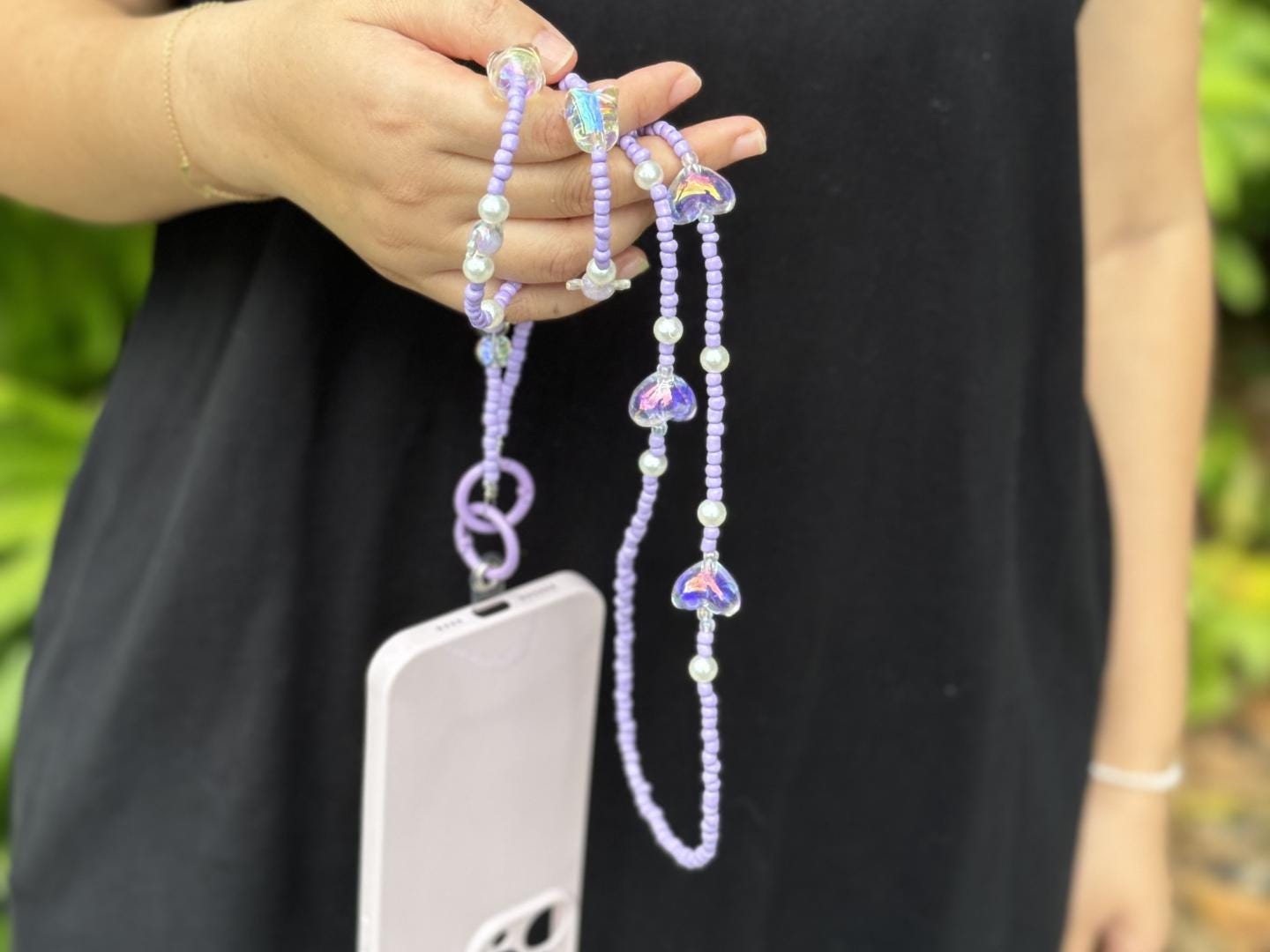 Handmade Crossbody Beaded Phone Strap.High quality iridescent phone charm purple.Bridesmaid gifts.Universal fit phone holder with FREE Tab.
