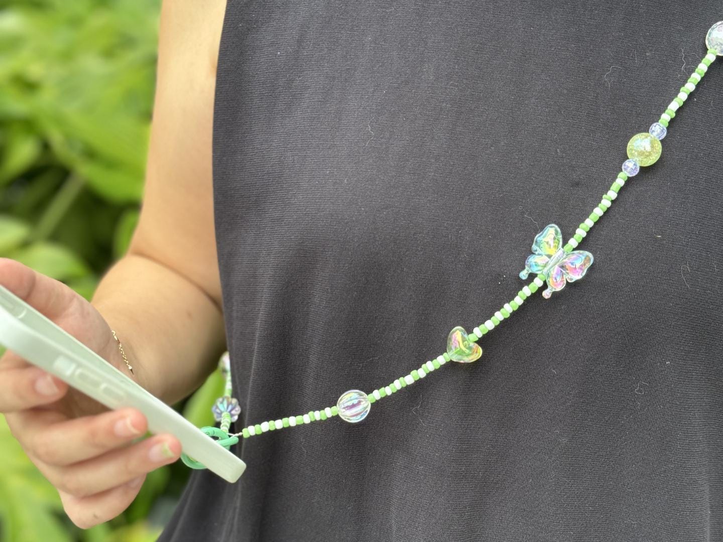 Handmade Crossbody Beaded Phone Strap | High-Quality Y2K Charm | Green & White | Bridesmaid Gifts | Party Favor