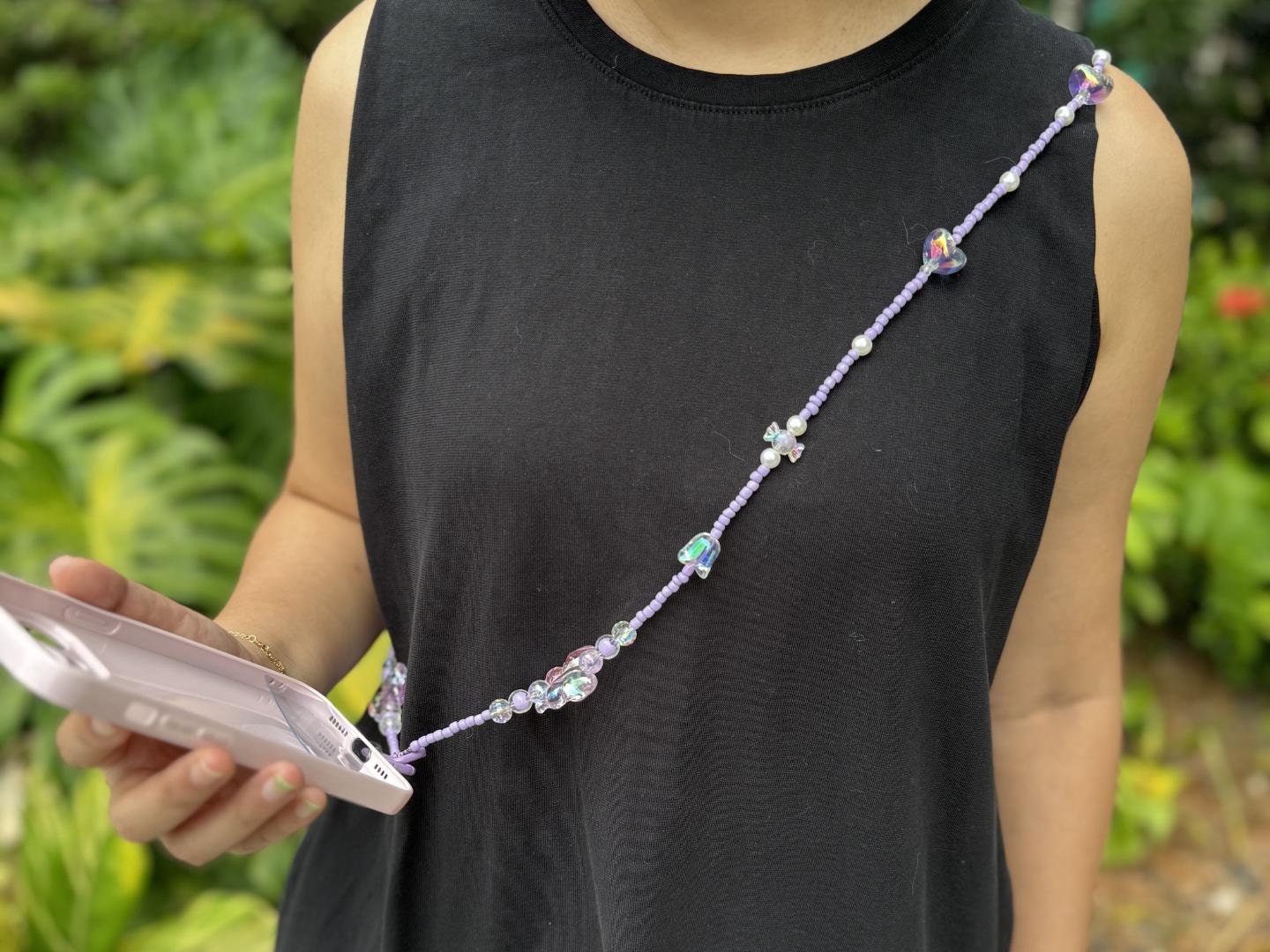 Handmade Crossbody Beaded Phone Strap.High quality iridescent phone charm purple.Bridesmaid gifts.Universal fit phone holder with FREE Tab.