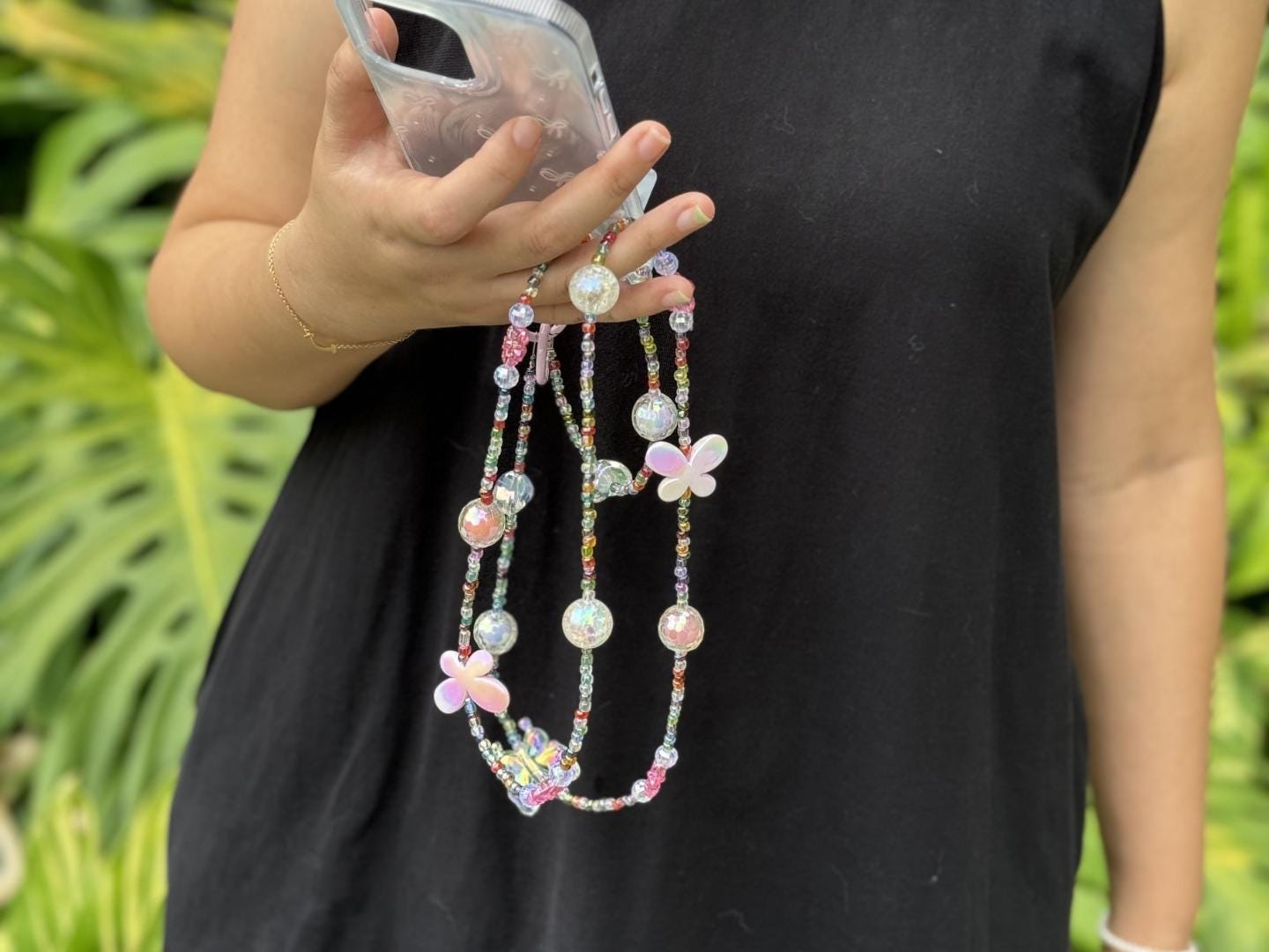 Handmade Crossbody Beaded Phone Strap.High quality iridescent phone charm rainbow.Bridesmaid gifts.Universal fit phone holder with FREE TAB.