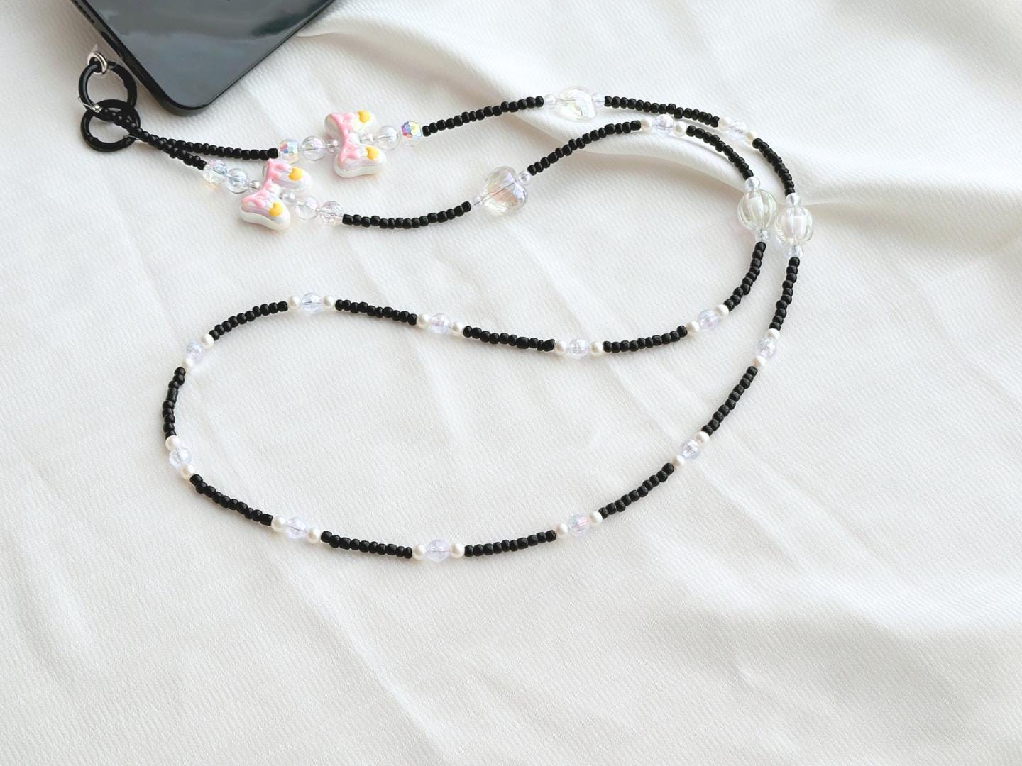 Handmade Crossbody Beaded Phone Strap Black.High-quality Y2K phone charm.Bridesmaid gifts.Universal fit cellphone holder.anti-theft strap.