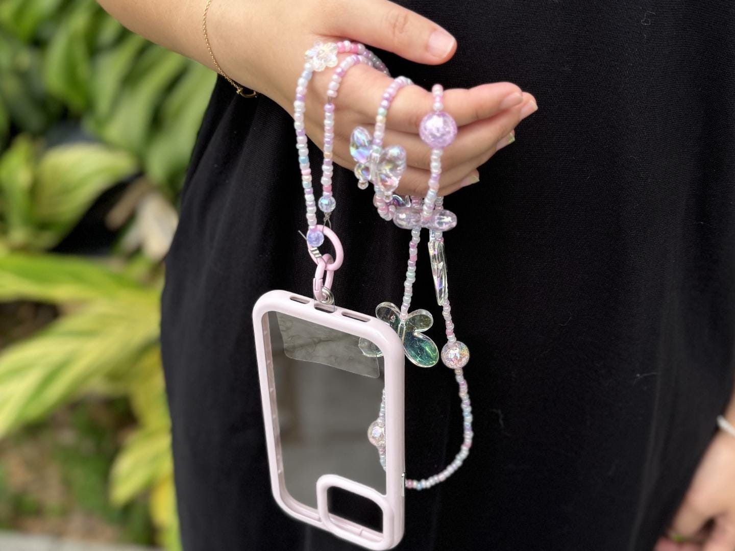 Handmade Crossbody Beaded Phone Strap Pink&Purple.High quality iridescent phone charm.Bridesmaid gifts.Universal fit cellphone holder.