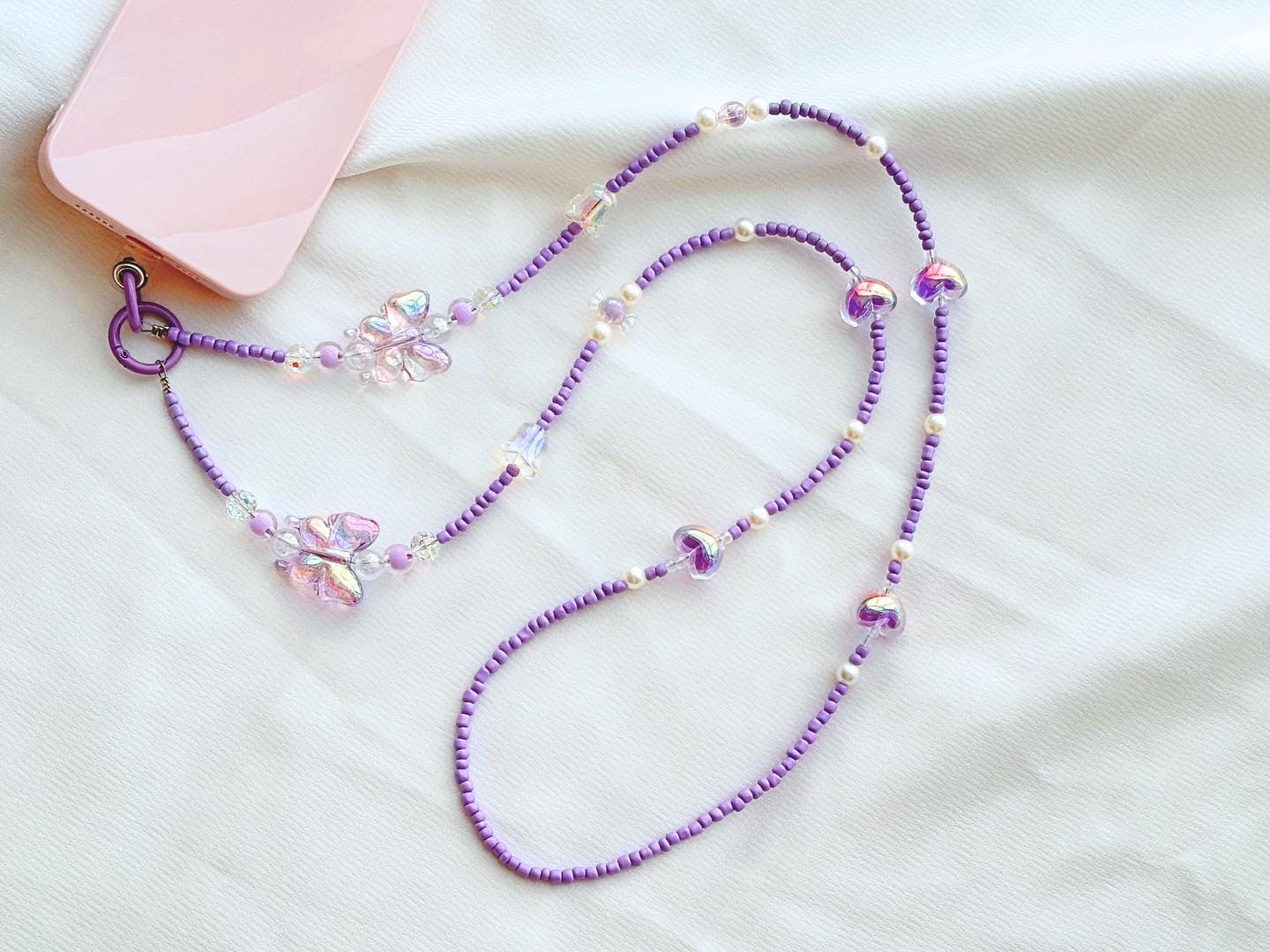 Handmade Crossbody Beaded Phone Strap.High quality iridescent phone charm purple.Bridesmaid gifts.Universal fit phone holder with FREE Tab.