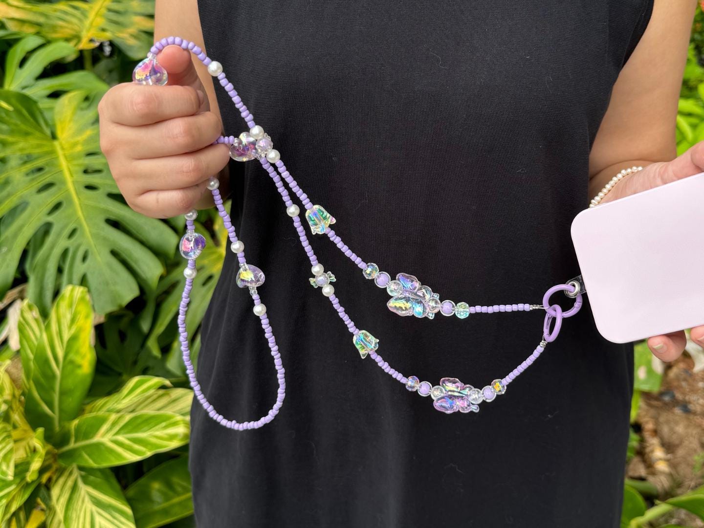 Handmade Crossbody Beaded Phone Strap.High quality iridescent phone charm purple.Bridesmaid gifts.Universal fit phone holder with FREE Tab.