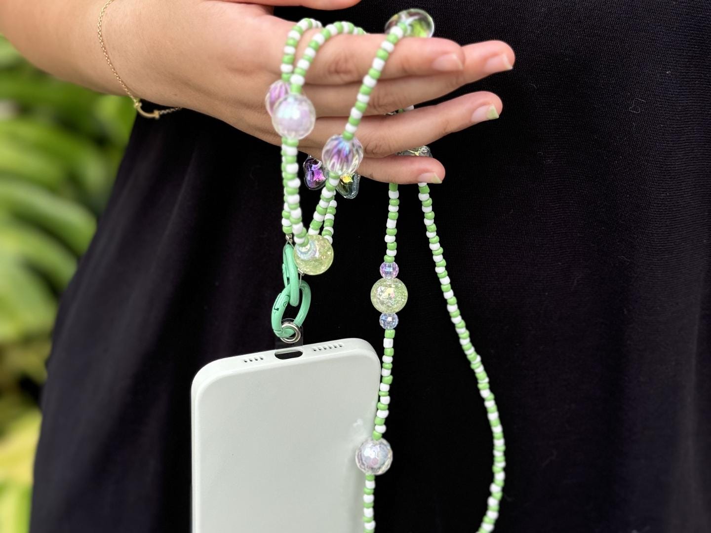 Handmade Crossbody Beaded Phone Strap | High-Quality Y2K Charm | Green & White | Bridesmaid Gifts | Party Favor