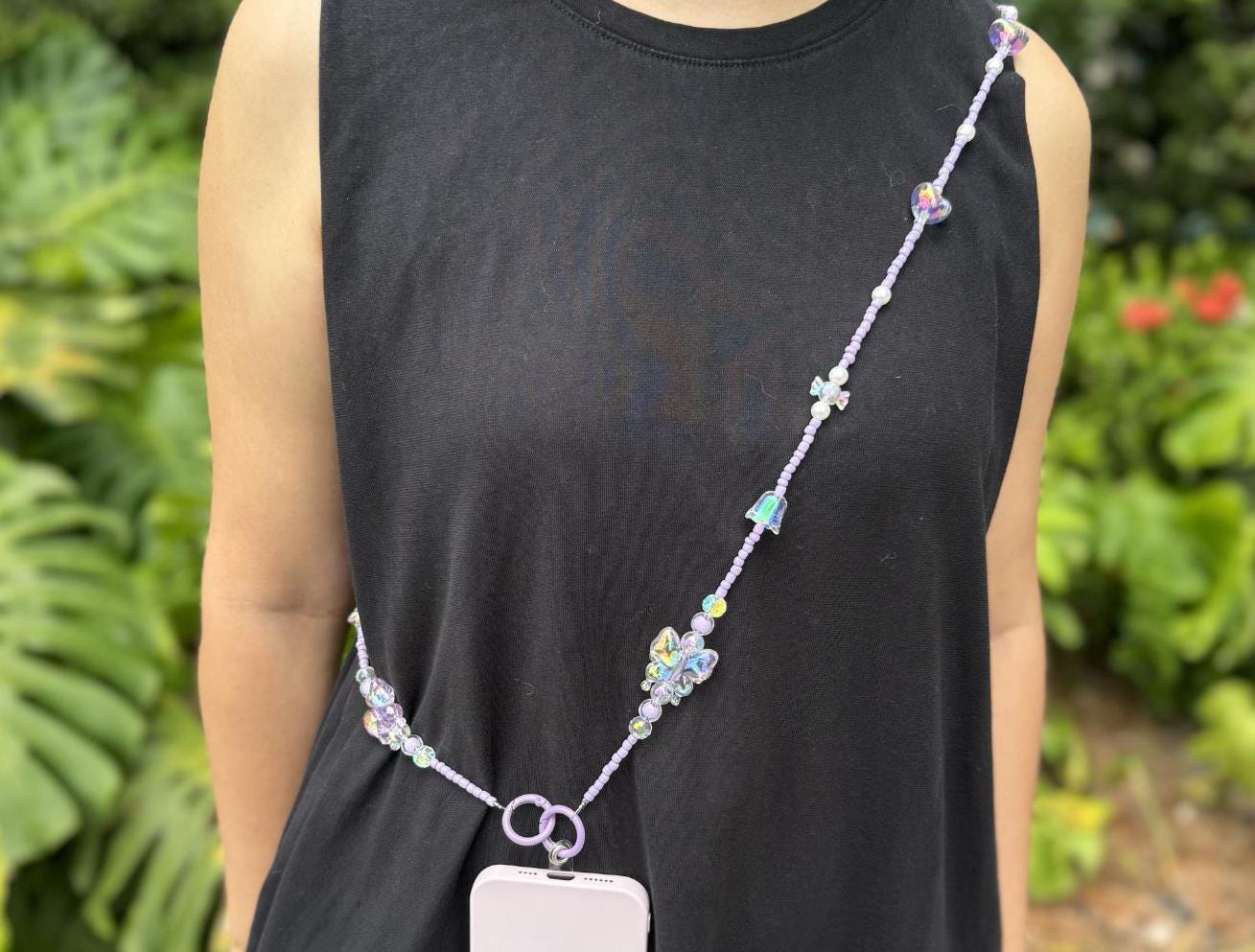 Handmade Crossbody Beaded Phone Strap.High quality iridescent phone charm purple.Bridesmaid gifts.Universal fit phone holder with FREE Tab.