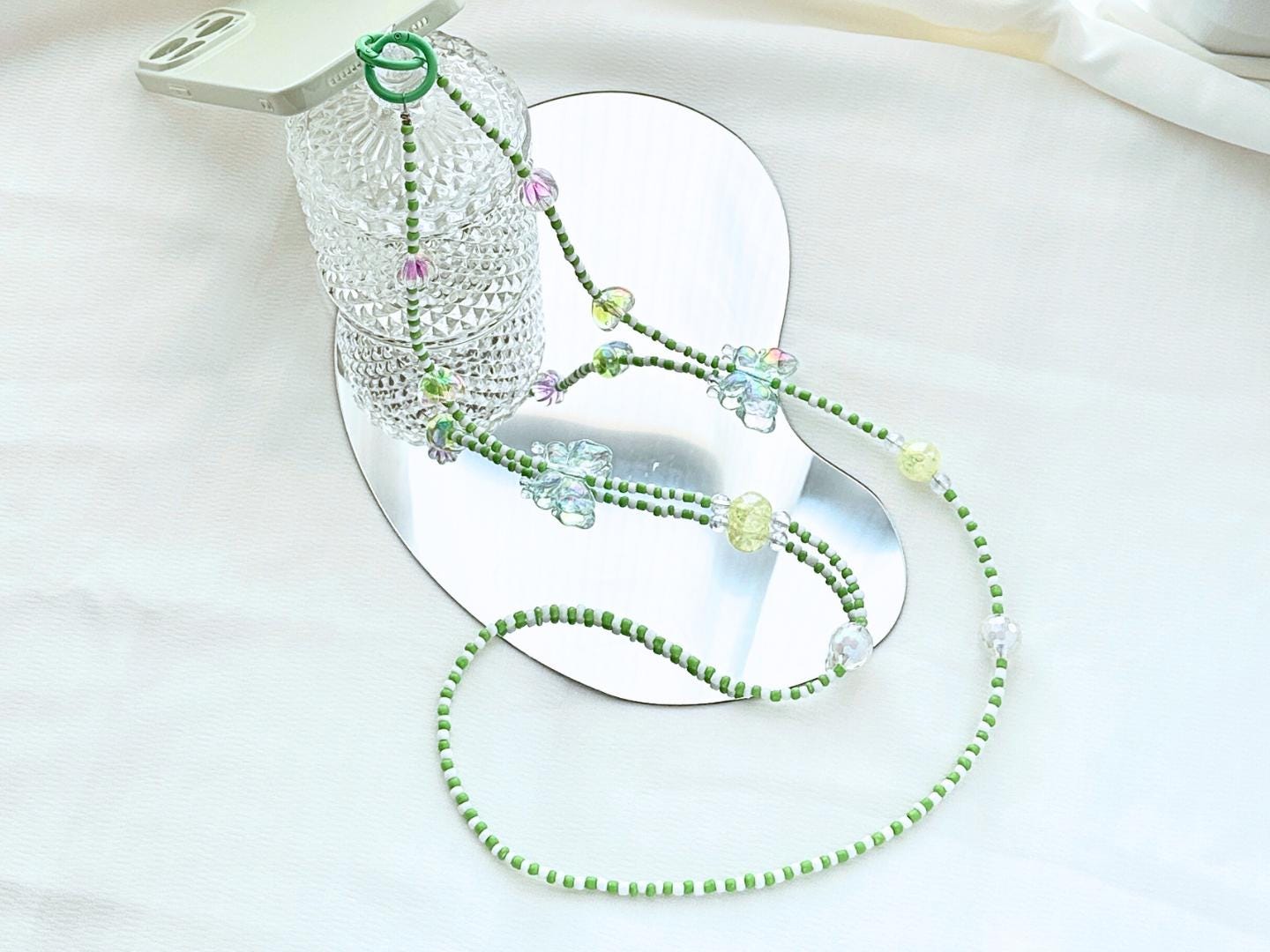 Handmade Crossbody Beaded Phone Strap | High-Quality Y2K Charm | Green & White | Bridesmaid Gifts | Party Favor