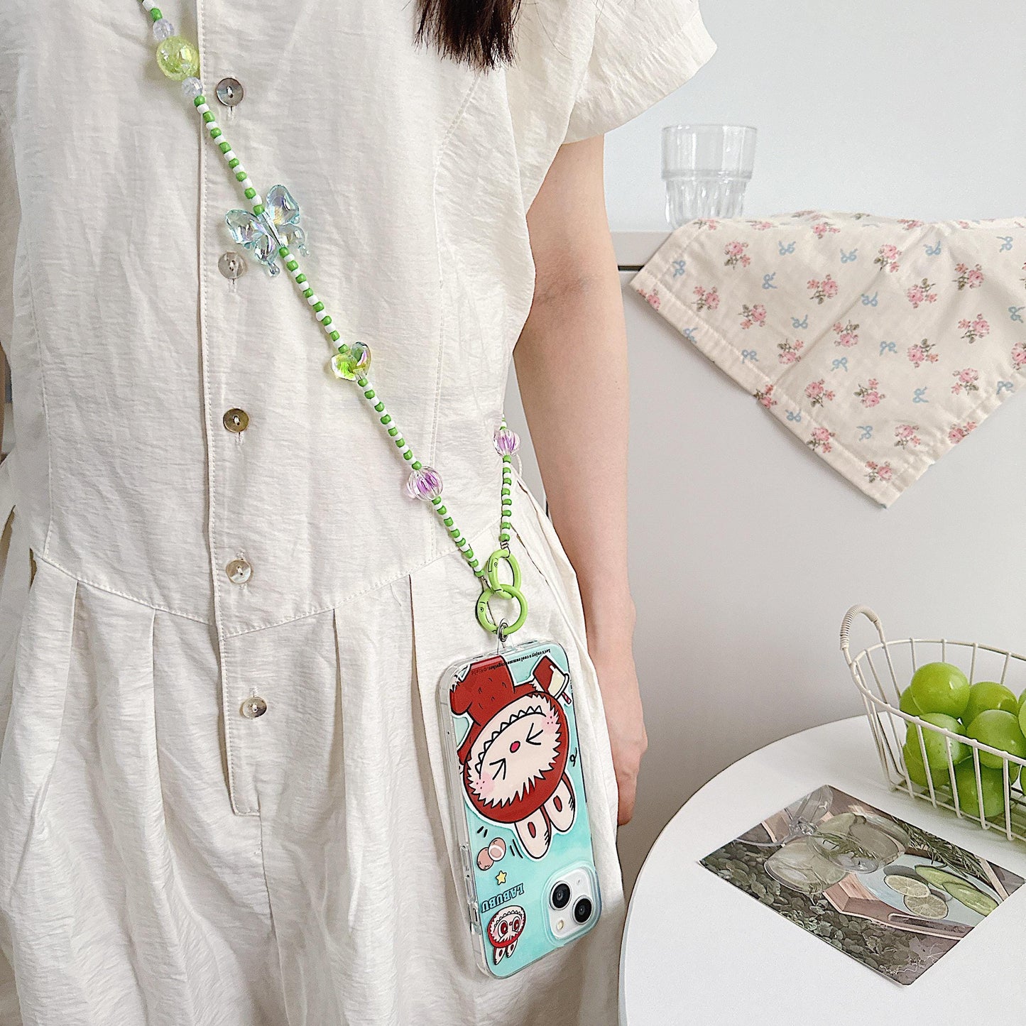 Handmade Crossbody Beaded Phone Strap | High-Quality Y2K Charm | Green & White | Bridesmaid Gifts | Party Favor