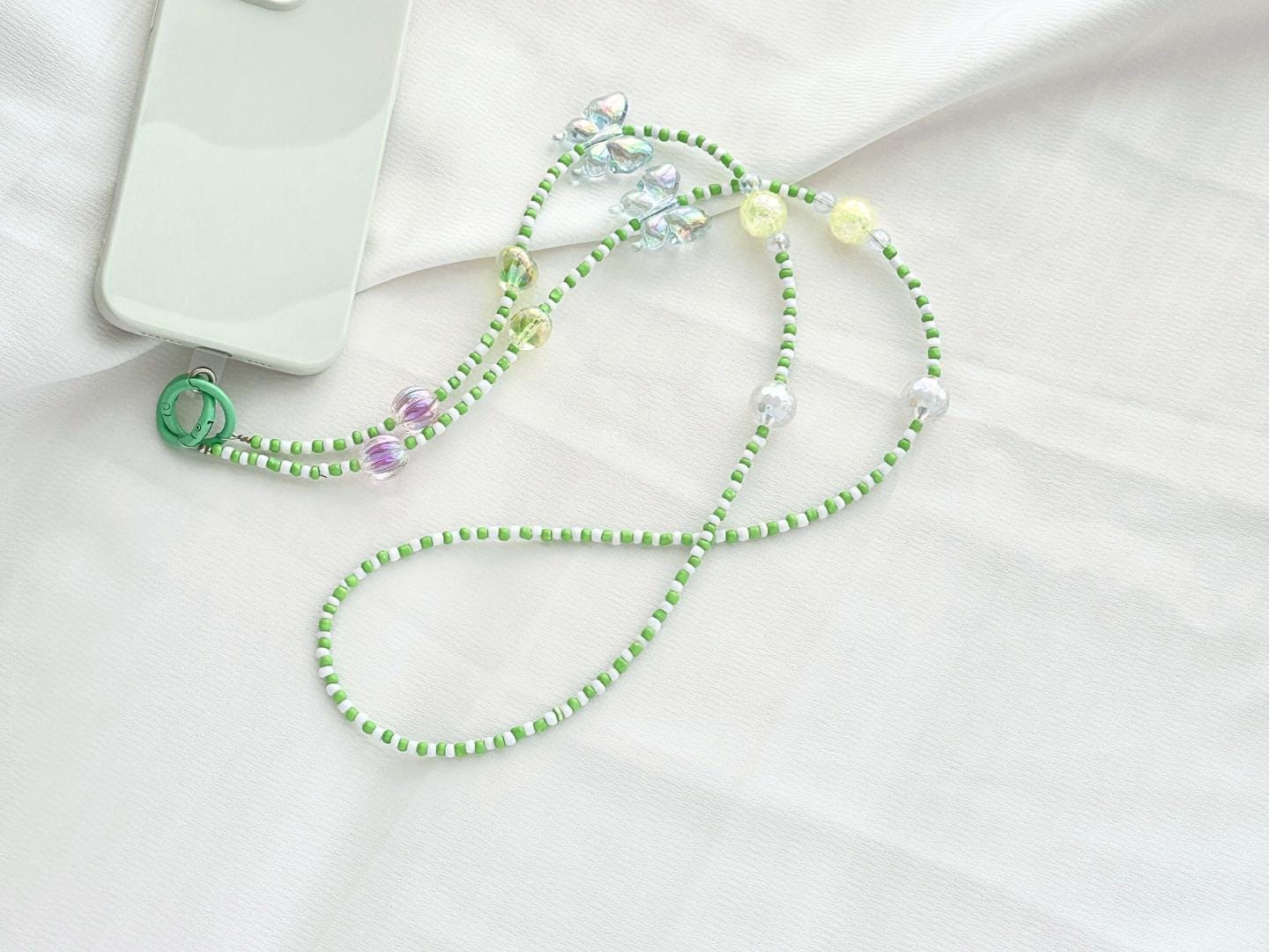 Handmade Crossbody Beaded Phone Strap | High-Quality Y2K Charm | Green & White | Bridesmaid Gifts | Party Favor