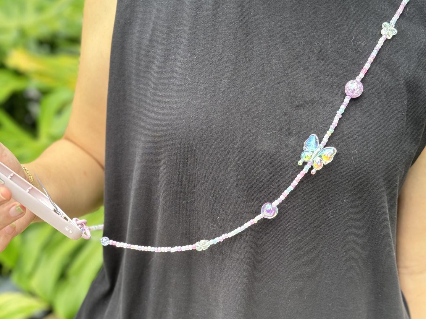 Handmade Crossbody Beaded Phone Strap Pink&Purple.High quality iridescent phone charm.Bridesmaid gifts.Universal fit cellphone holder.