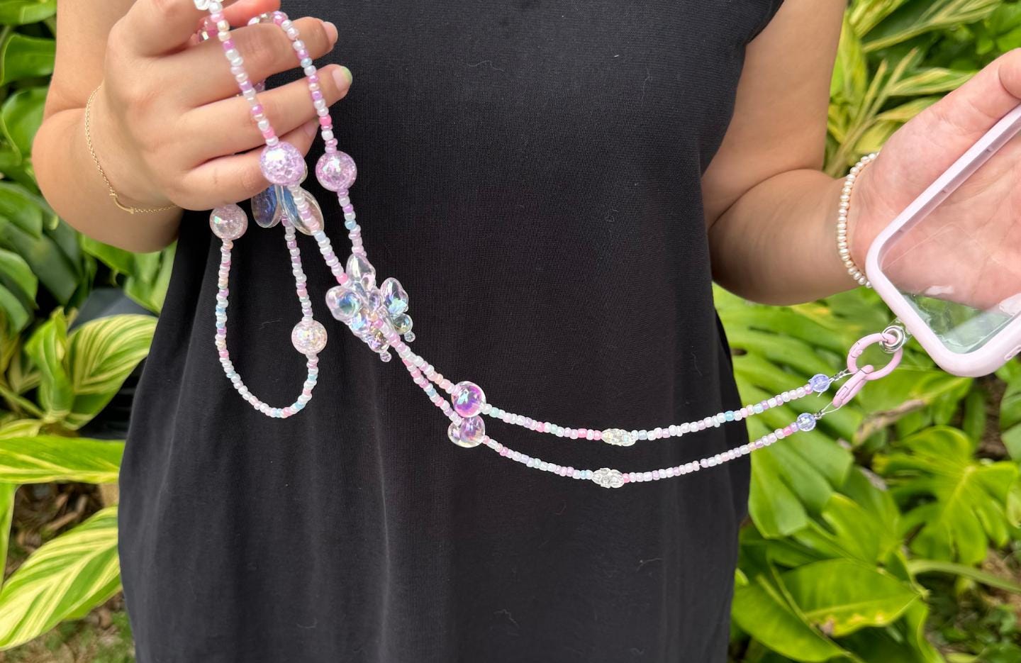 Handmade Crossbody Beaded Phone Strap Pink&Purple.High quality iridescent phone charm.Bridesmaid gifts.Universal fit cellphone holder.