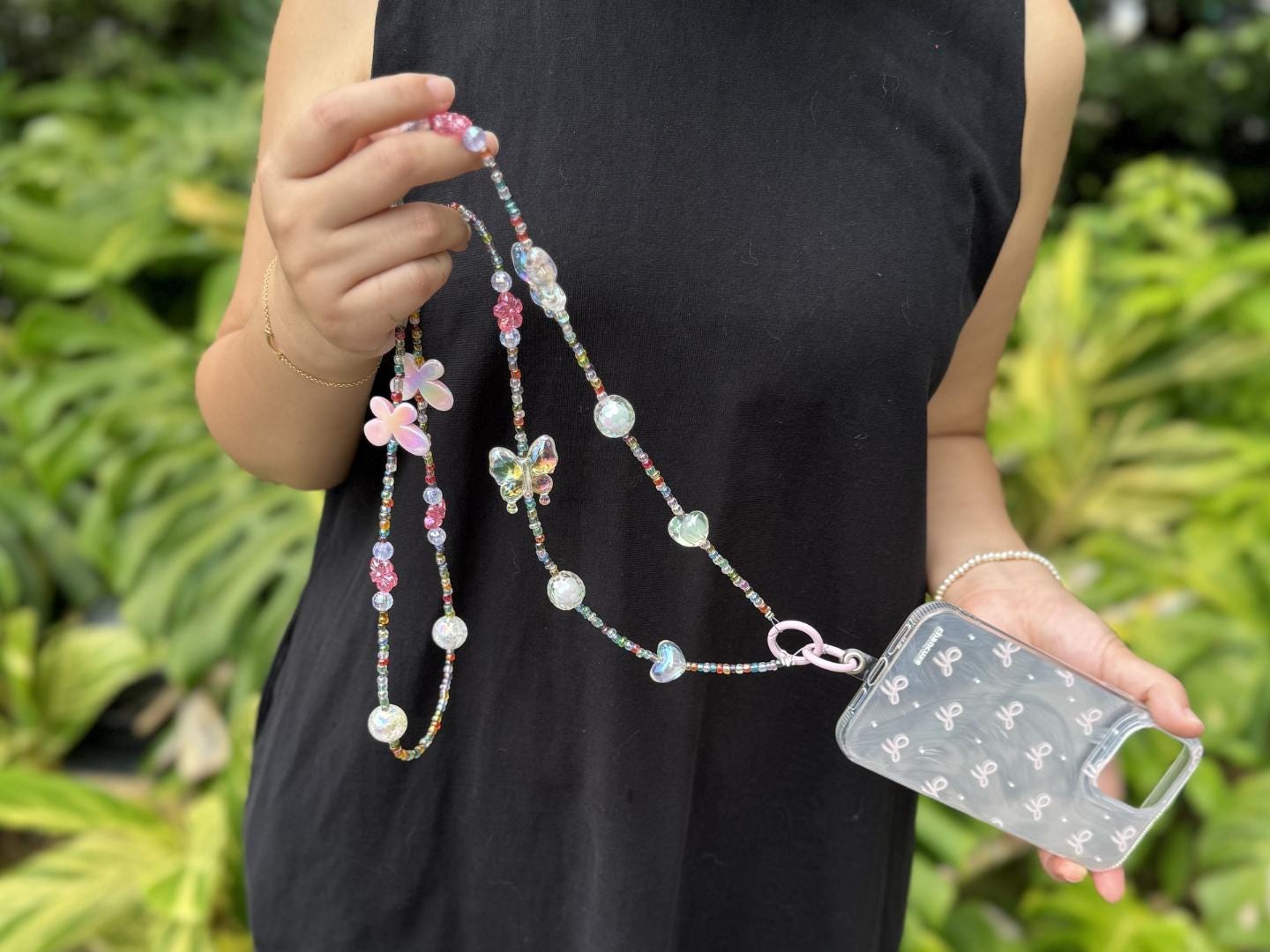 Handmade Crossbody Beaded Phone Strap.High quality iridescent phone charm rainbow.Bridesmaid gifts.Universal fit phone holder with FREE TAB.