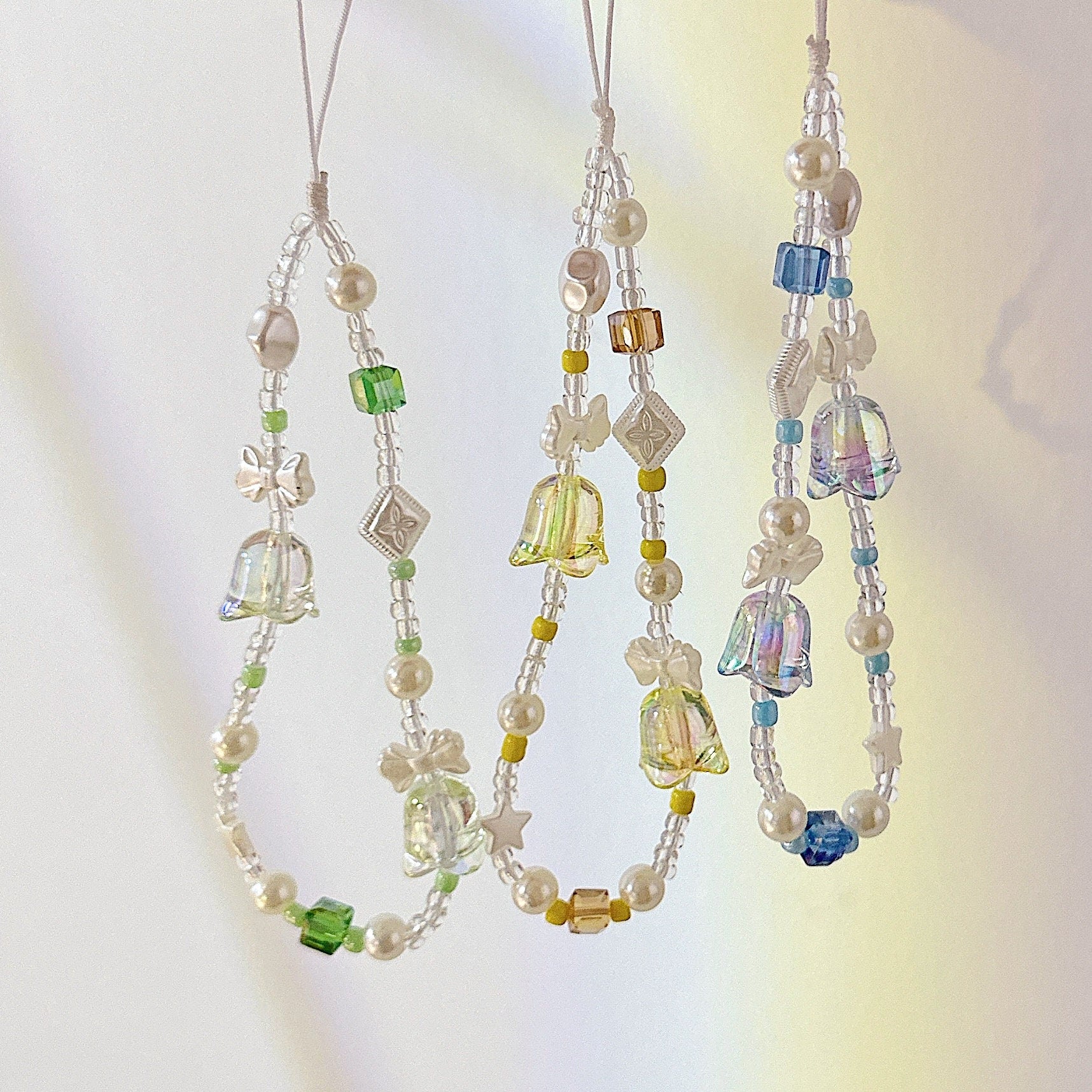 Cute Handmade Bluebell Bead Phone Charm in 6 colors - Y2K Wrist Strap, Anti-Theft Camera Tether, Unique Bridesmaid Gift & Festive Present