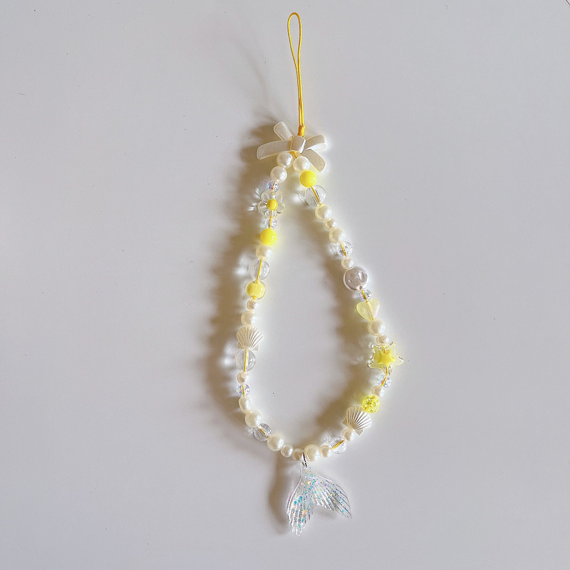 Yellow Charm Mermaid Beaded Pearl Phone Charm Heart Phone Keychain Camera String Ocean Charm Phone Wrist Strap Wristlet Y2K charm handykette