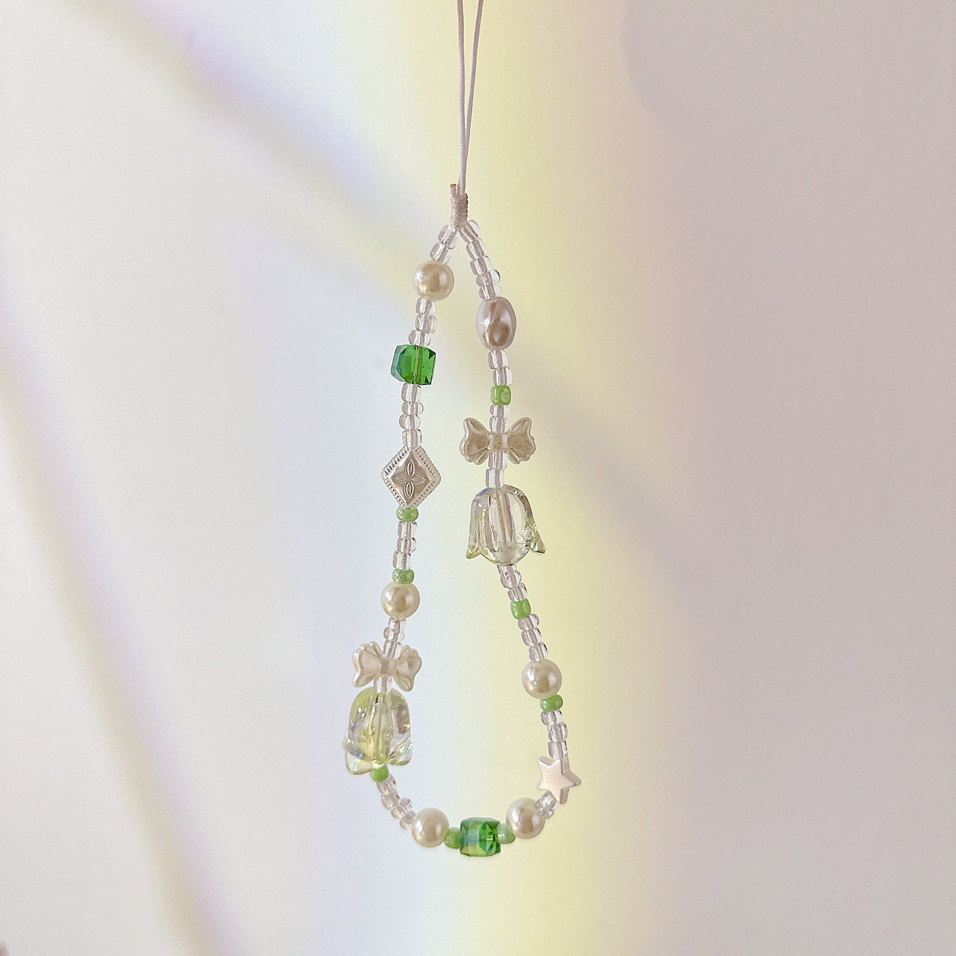 Cute Bluebell Bead Phone Charm Green Crystal Star Phone Keychain Phone Wrist Strap Y2K charm wristlet camera strap anti-theft Phone Tether