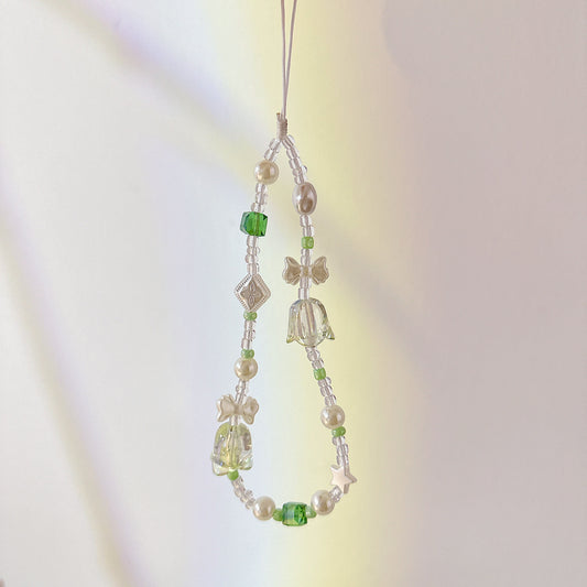 Cute Bluebell Bead Phone Charm Green Crystal Star Phone Keychain Phone Wrist Strap Y2K charm wristlet camera strap anti-theft Phone Tether