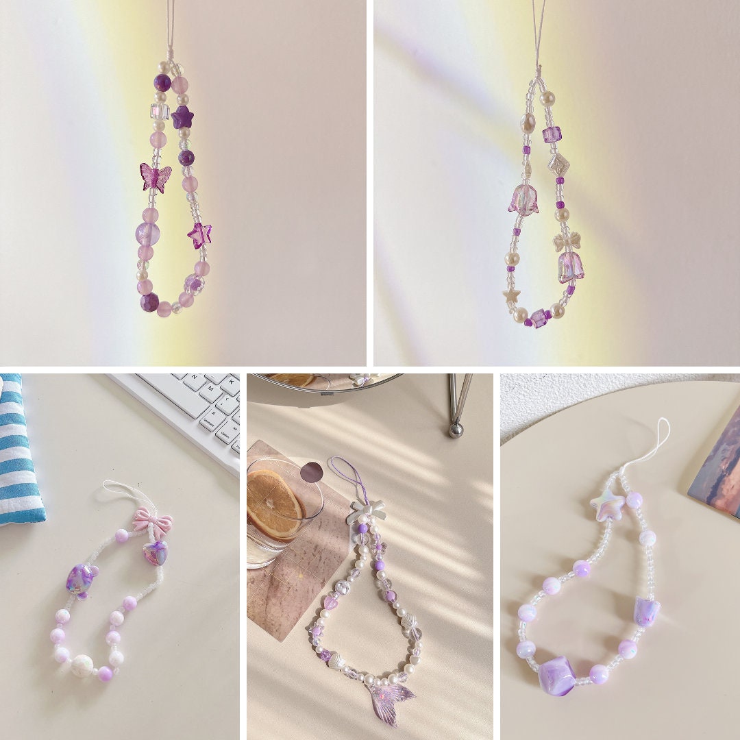 Cute Beaded Phone Charm Purple in many designs.bridesmaid gifts.Phone Keychain.Camera Charm.Wrist Strap.Y2K charm.Phone wristlet.Bag Strap.