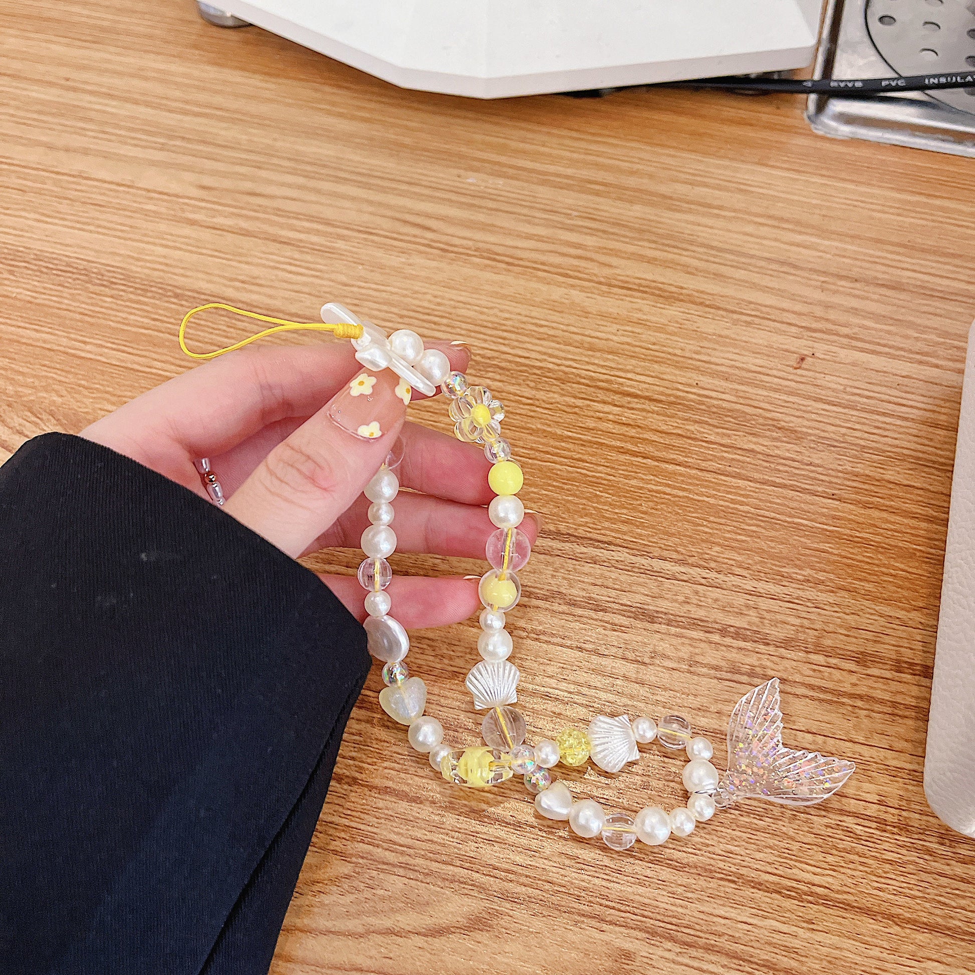 Yellow Charm Mermaid Beaded Pearl Phone Charm Heart Phone Keychain Camera String Ocean Charm Phone Wrist Strap Wristlet Y2K charm handykette