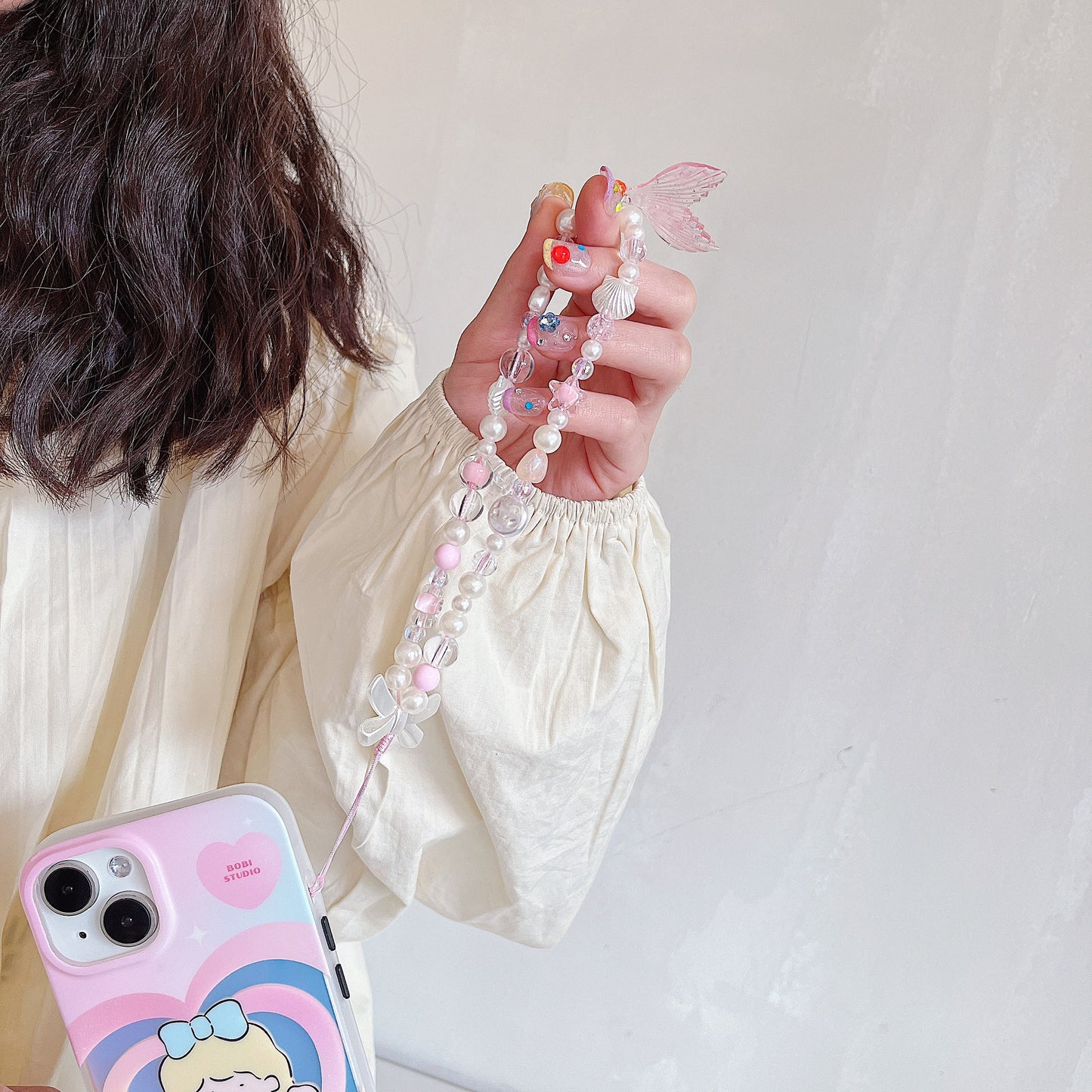Pink Charm Mermaid Beaded Pearl Phone Charm Heart Phone Keychain Camera String Ocean Charm Phone Wrist Strap Wristlet Y2K charm handykette