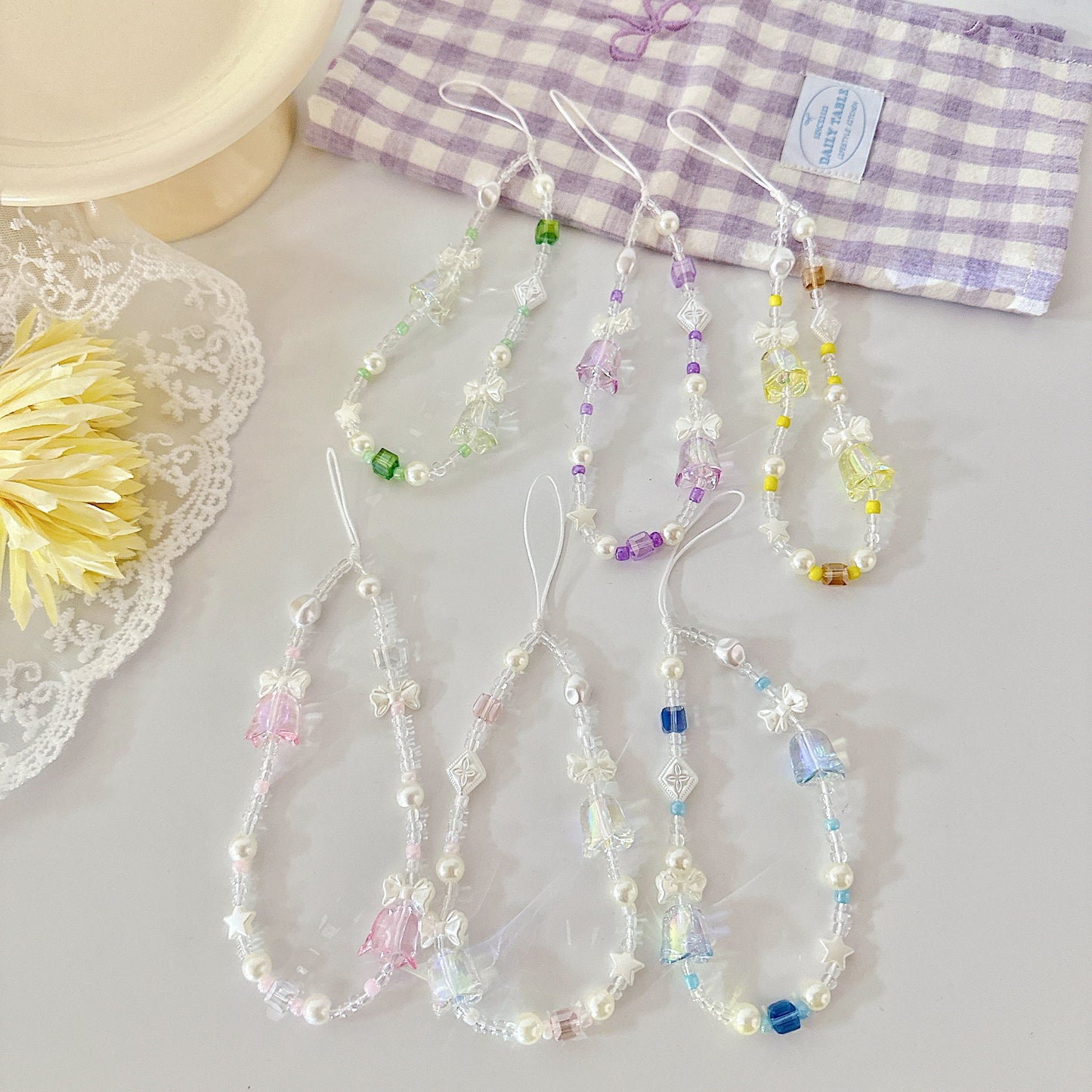Cute Handmade Bluebell Bead Phone Charm in 6 colors - Y2K Wrist Strap, Anti-Theft Camera Tether, Unique Bridesmaid Gift & Festive Present