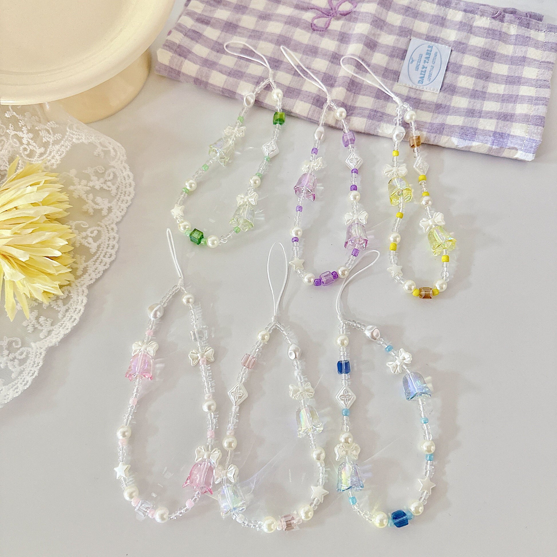 Cute Bluebell Bead Phone Charm White Crystal Star Phone Keychain Camera String Phone Wrist Strap Y2K charm Wristlet anti-theft Phone Tether