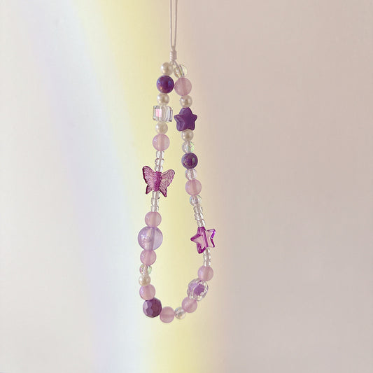Cute Butterfly Beaded Phone Charm Purple.Star Bead Phone Keychain.Phone String.Phone wristlet.Y2K charm.Camera Charm.Bag Charm.Gift for her.