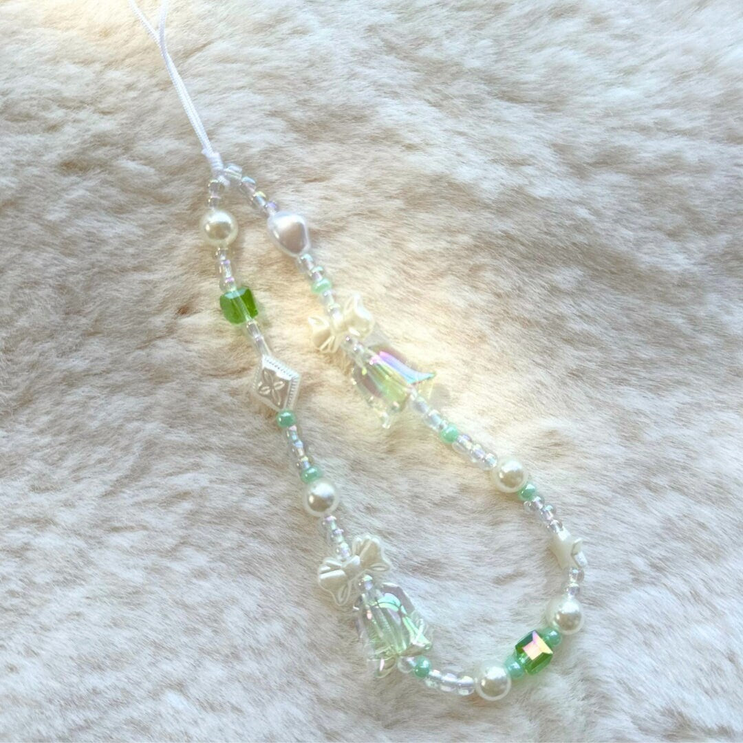 Cute Bluebell Bead Phone Charm Green Crystal Star Phone Keychain Phone Wrist Strap Y2K charm wristlet camera strap anti-theft Phone Tether