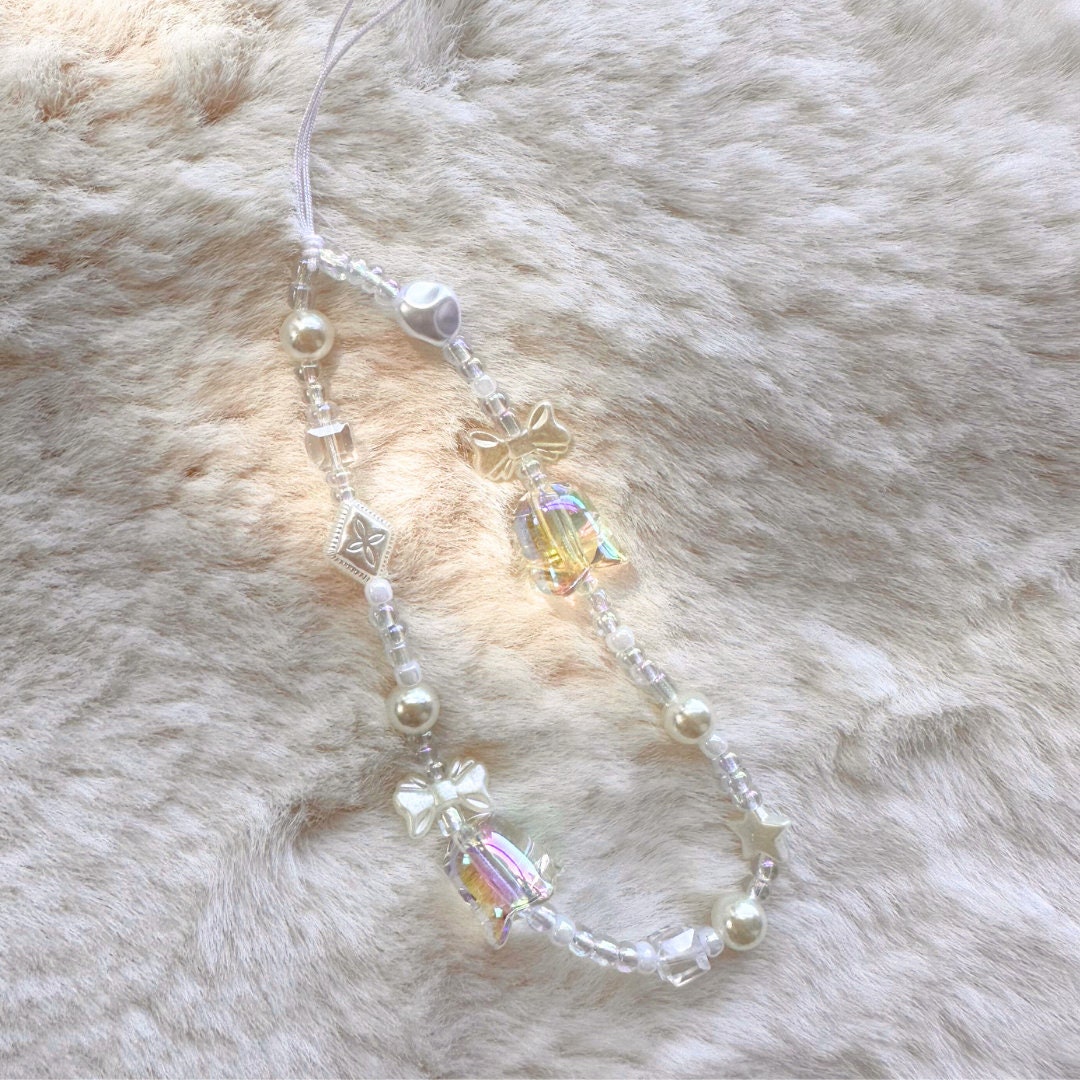 Cute Bluebell Bead Phone Charm White Crystal Star Phone Keychain Camera String Phone Wrist Strap Y2K charm Wristlet anti-theft Phone Tether