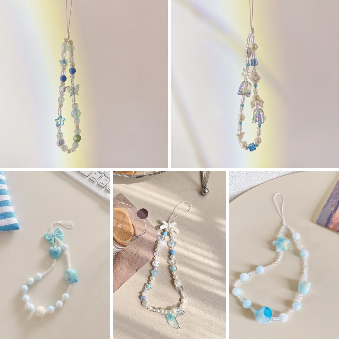 Cute Beaded Phone Charm Blue in many designs:bridesmaid gifts.Phone Keychain. Camera Charm.Wrist Strap.Y2K charm.Phone wristlet.Bag Strap.