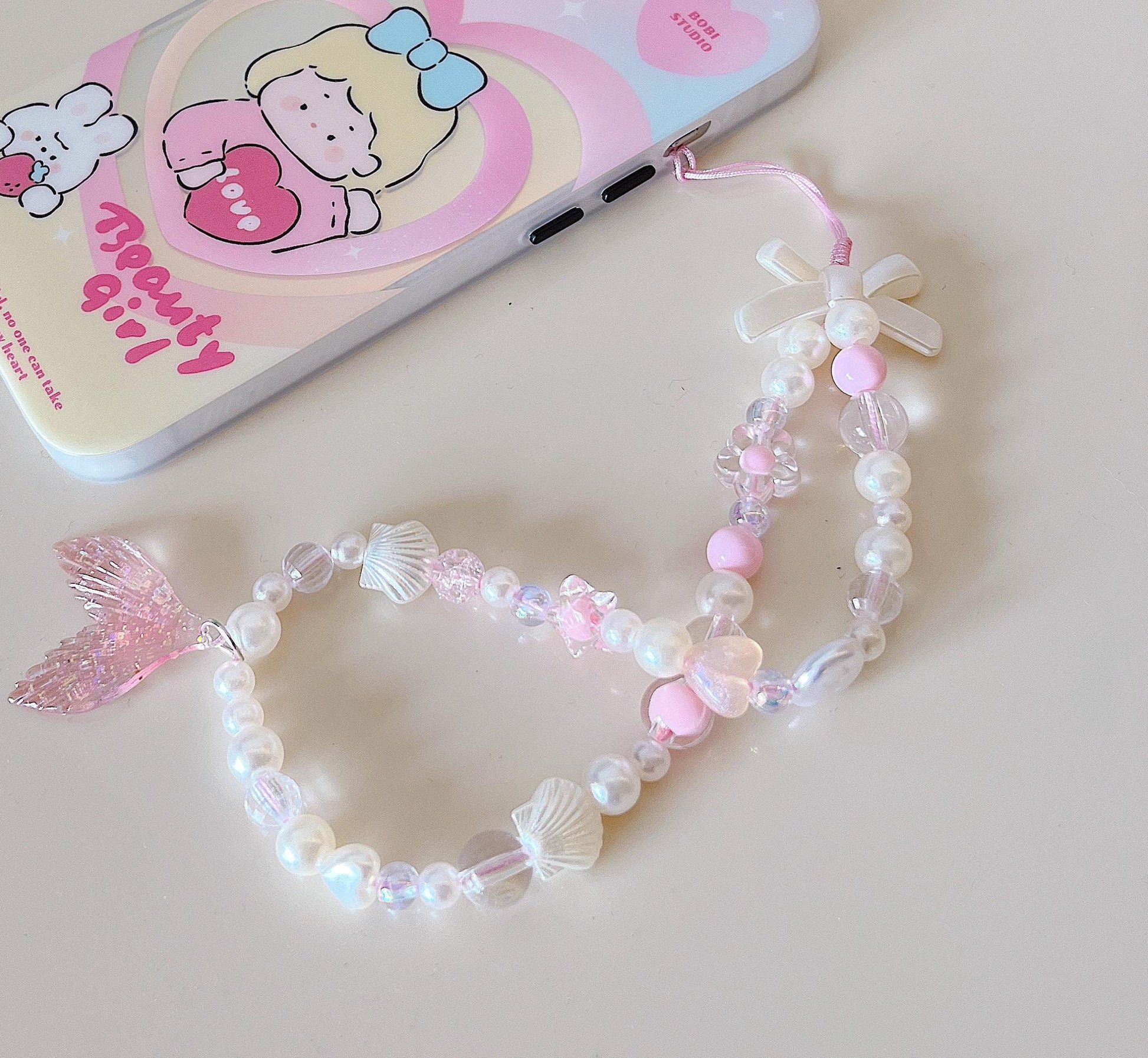 Pink Charm Mermaid Beaded Pearl Phone Charm Heart Phone Keychain Camera String Ocean Charm Phone Wrist Strap Wristlet Y2K charm handykette