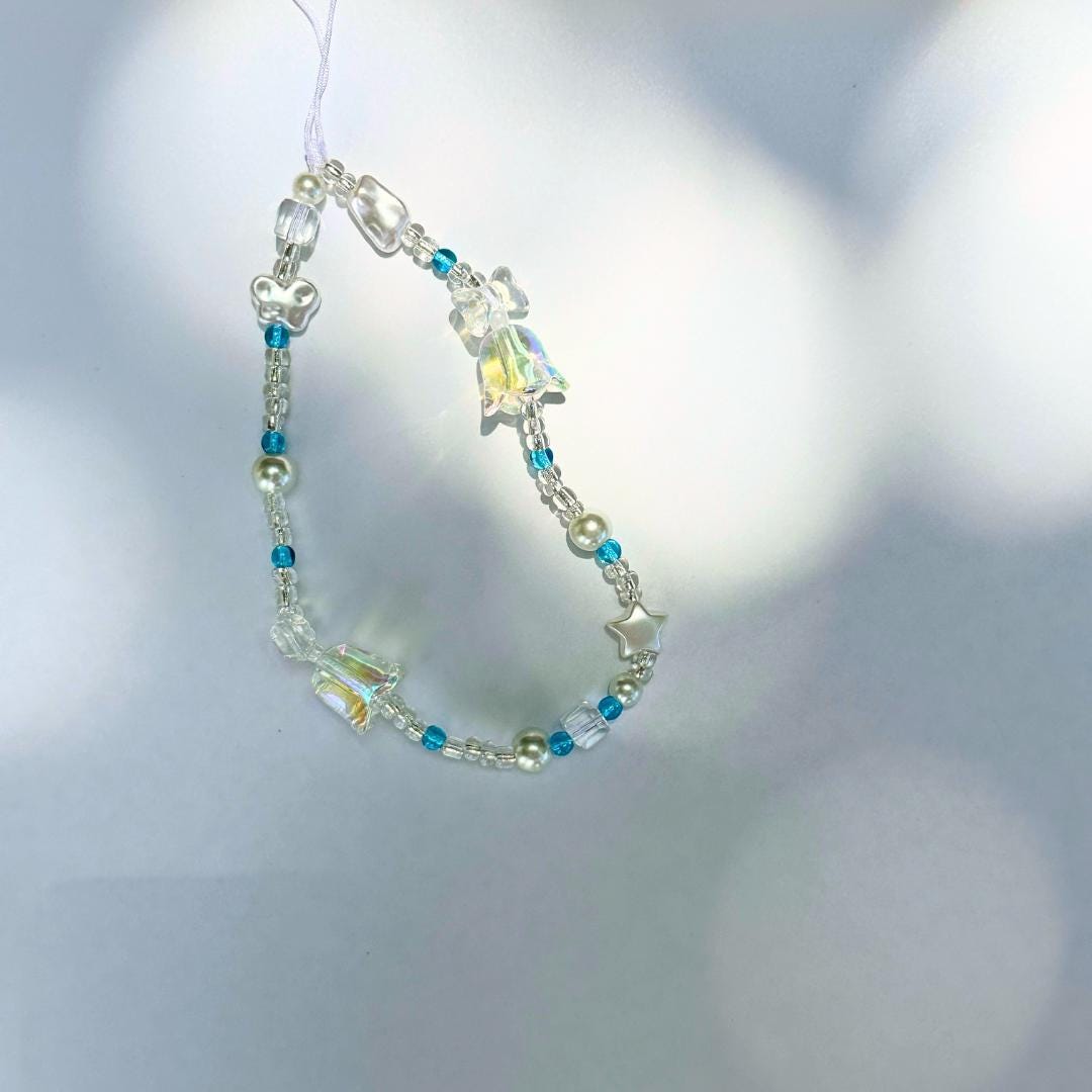 NEW Cute Beaded Phone Charm blue in 2 designs.Phone Strap.Phone Keychain.Phone Wrist Strap.Y2K charm wristlet.camera strap.Gift for friends.