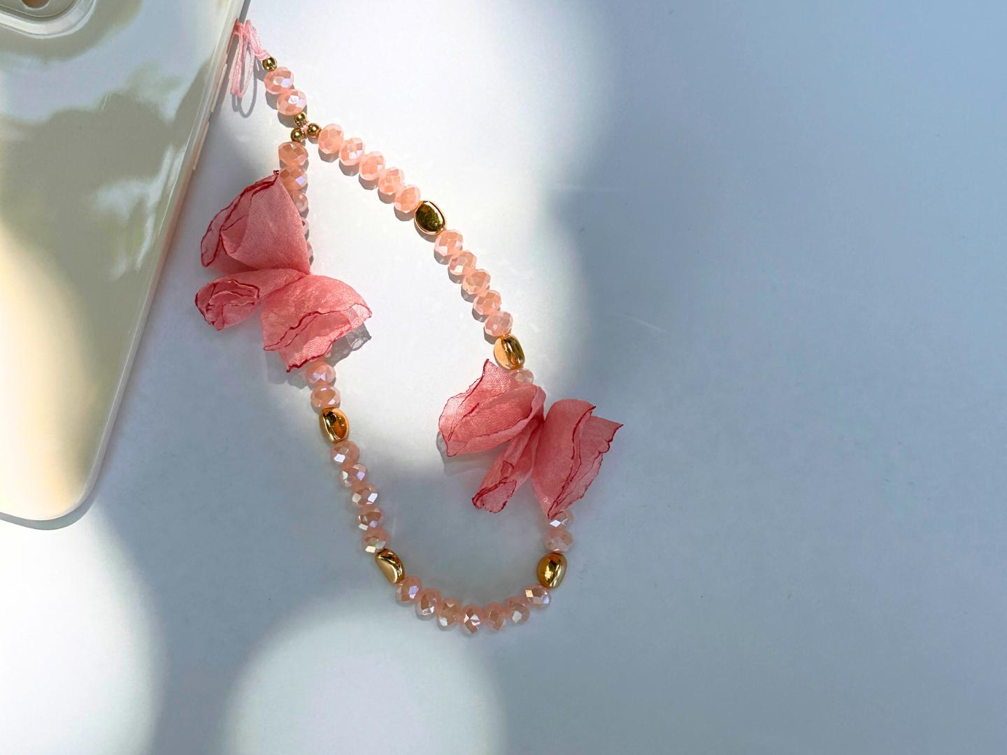 Enchanted Floral Bead Gemstone Wristlet.Phone Charm Pink.Phone Strap.MultiColor Fashion Accessory.Perfect Festive Gift for Tech&Nature Lover