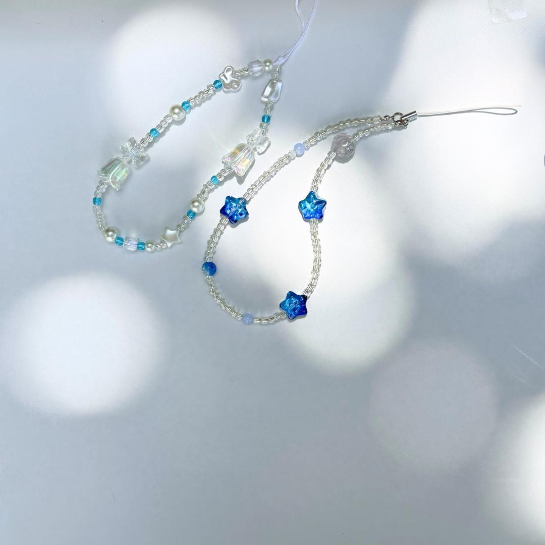 NEW Cute Beaded Phone Charm blue in 2 designs.Phone Strap.Phone Keychain.Phone Wrist Strap.Y2K charm wristlet.camera strap.Gift for friends.