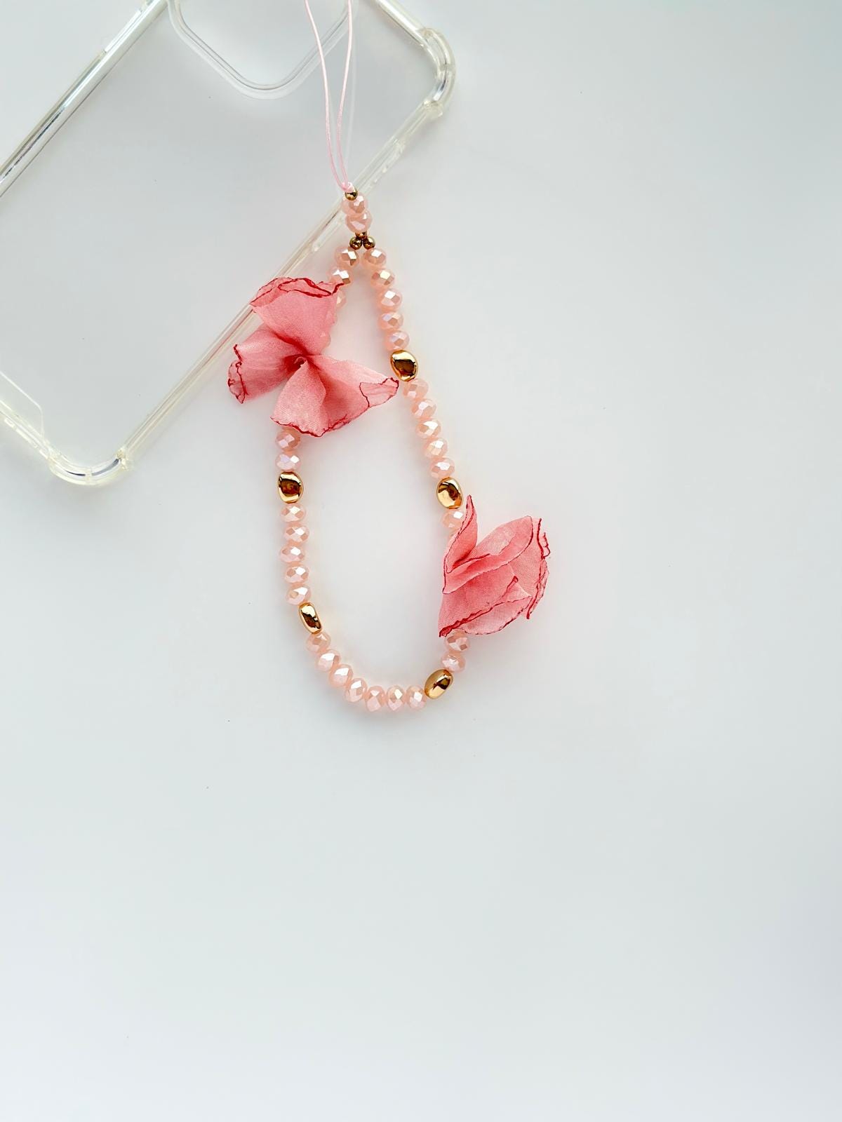 Enchanted Floral Bead Gemstone Wristlet.Phone Charm Pink.Phone Strap.MultiColor Fashion Accessory.Perfect Festive Gift for Tech&Nature Lover