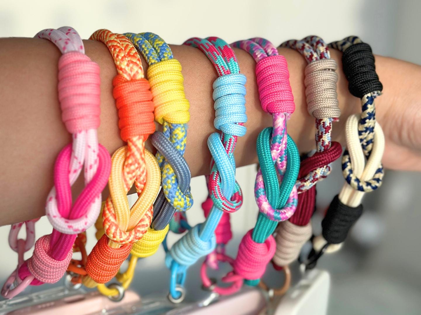 NEW Handmade DuoTone Color-Block Rope Phone Wristlet in 7 colors-Vibrant, Universal fit phone strap.bag charm.thoughtful festive gifts.