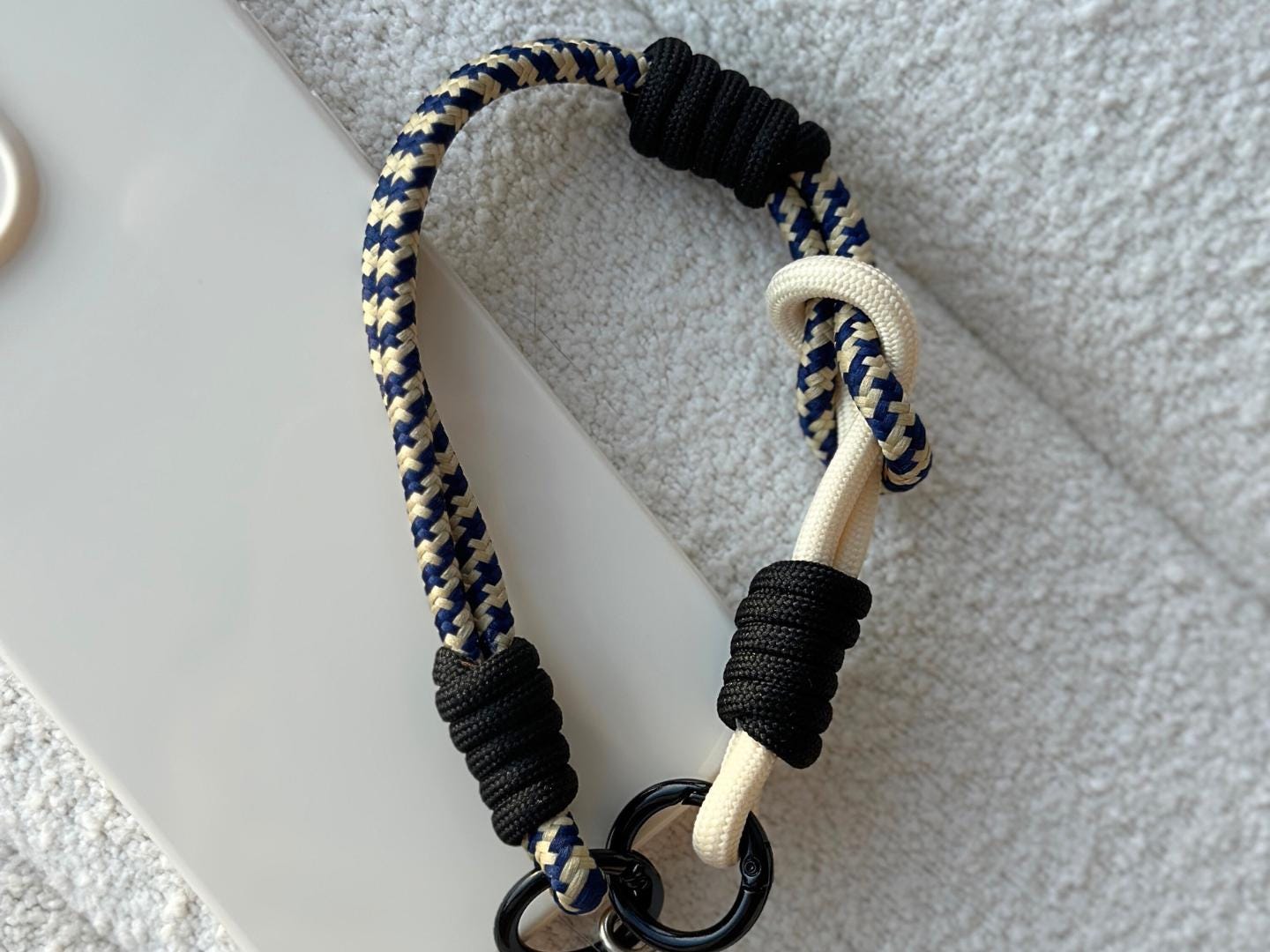 NEW Handmade DuoTone Color-Block Rope Phone Wristlet in White-Blue Camo Black-Vibrant, Universal fit phone strap.bag charm.Best festive gift