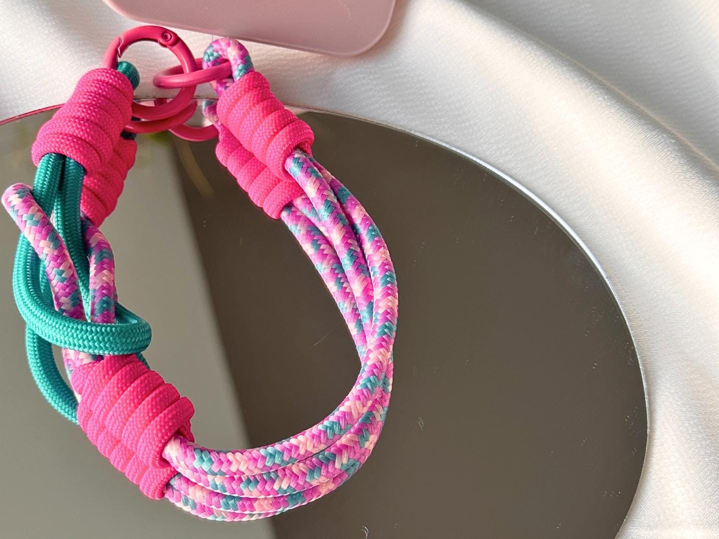 NEW Handmade DuoTone Color-Block Rope Phone Wristlet in Teal and Rose Blend-Vibrant, Universal fit phone strap.bag charm.Best festive gifts