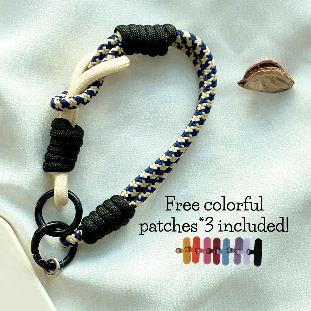 NEW Handmade DuoTone Color-Block Rope Phone Wristlet in White-Blue Camo Black-Vibrant, Universal fit phone strap.bag charm.Best festive gift
