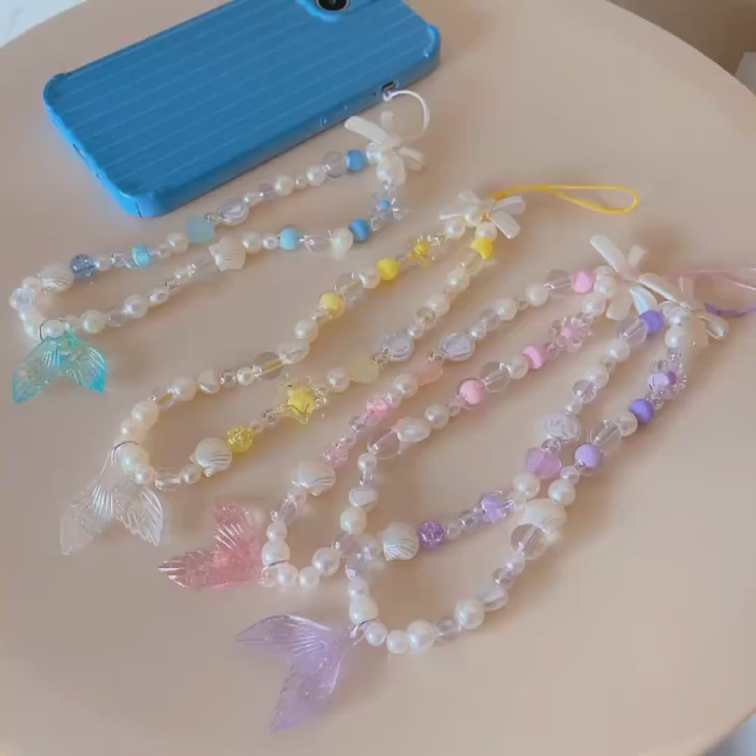 Yellow Charm Mermaid Beaded Pearl Phone Charm Heart Phone Keychain Camera String Ocean Charm Phone Wrist Strap Wristlet Y2K charm handykette