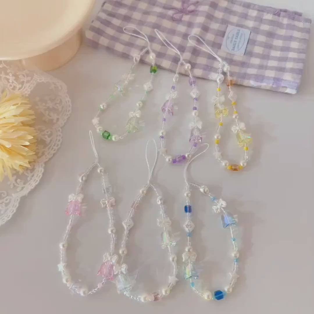 Cute Bluebell Bead Phone Charm White Crystal Star Phone Keychain Camera String Phone Wrist Strap Y2K charm Wristlet anti-theft Phone Tether