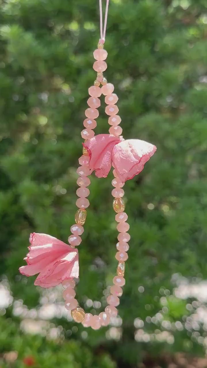 Enchanted Floral Bead Gemstone Wristlet.Phone Charm Pink.Phone Strap.MultiColor Fashion Accessory.Perfect Festive Gift for Tech&Nature Lover